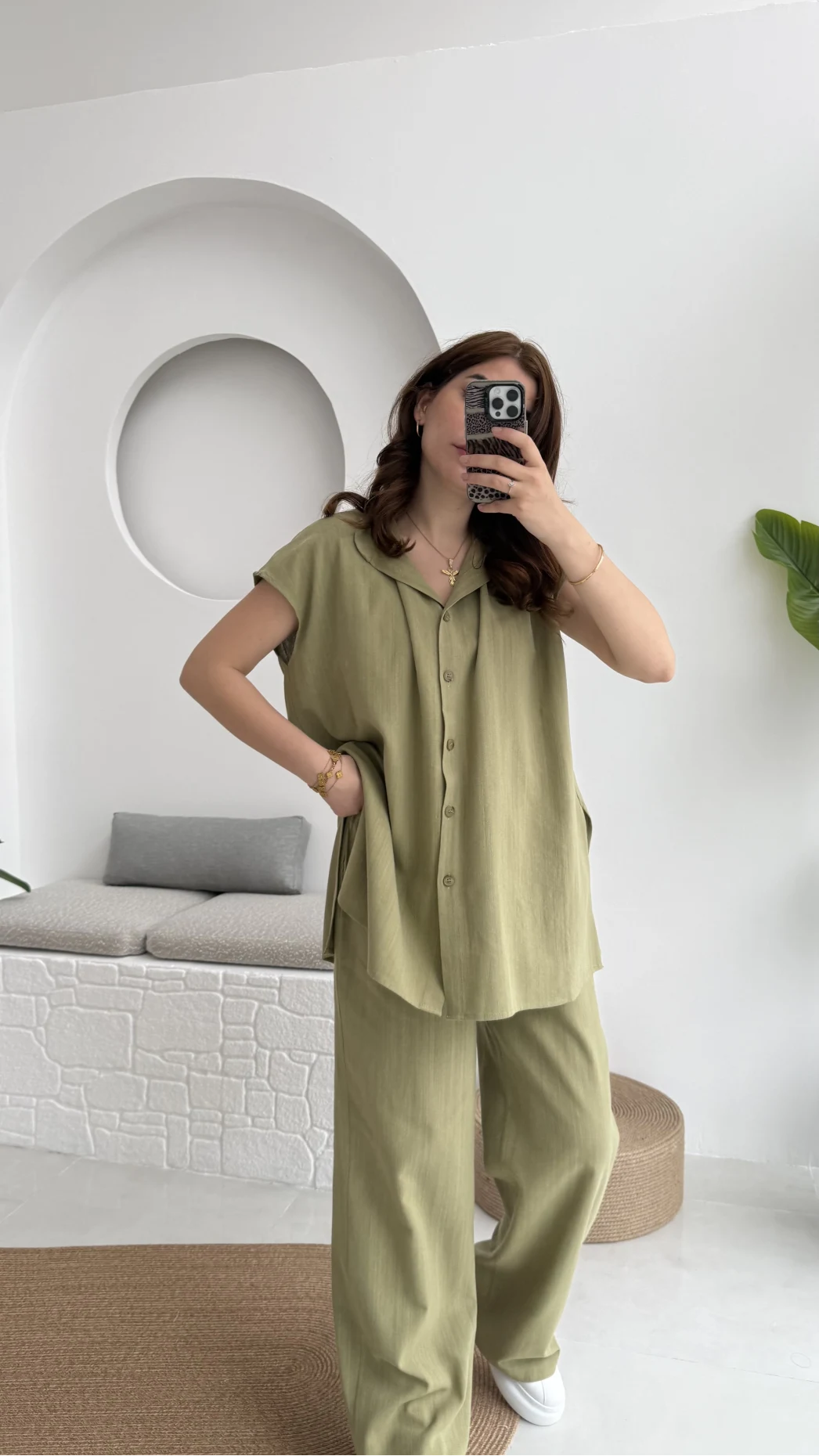 Düğme Detay Yelek Takım - 8613 - Haki