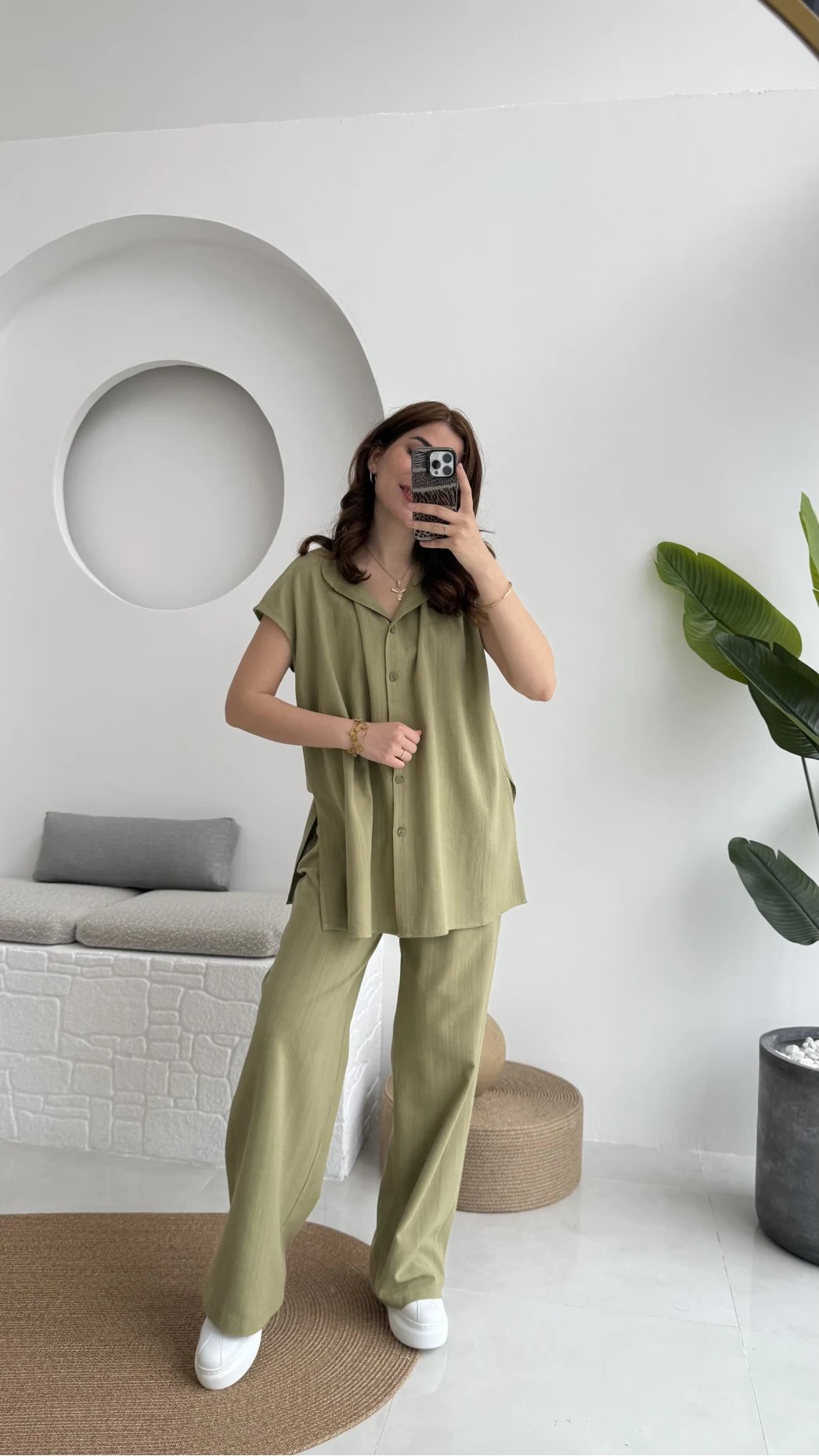 Düğme Detay Yelek Takım - 8613 - Haki