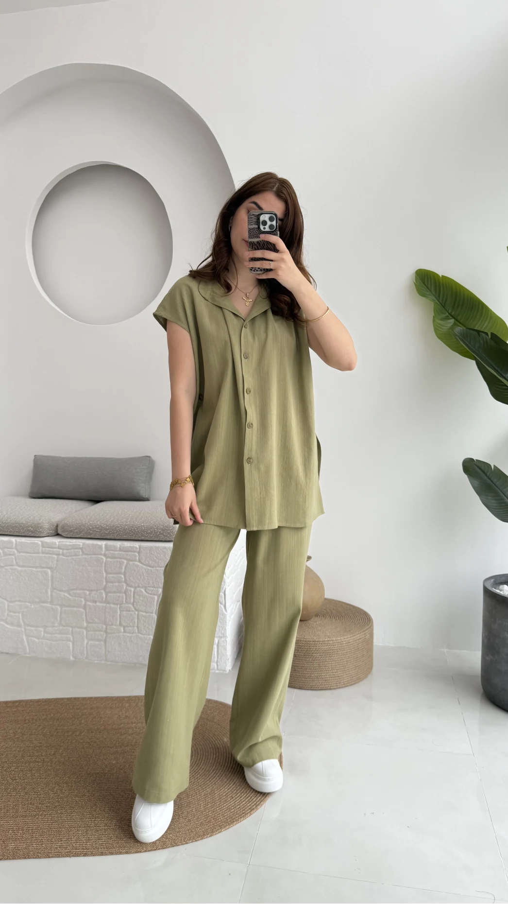 Düğme Detay Yelek Takım - 8613 - Haki