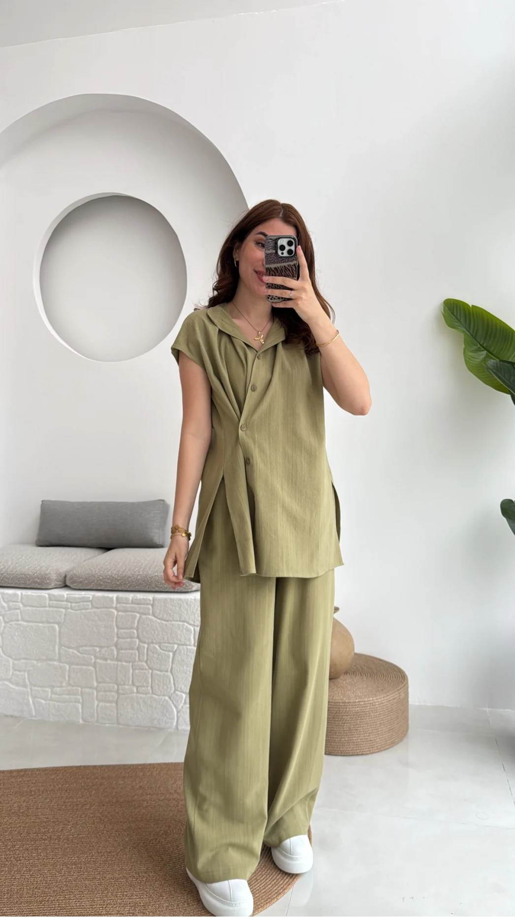 Düğme Detay Yelek Takım - 8613 - Haki