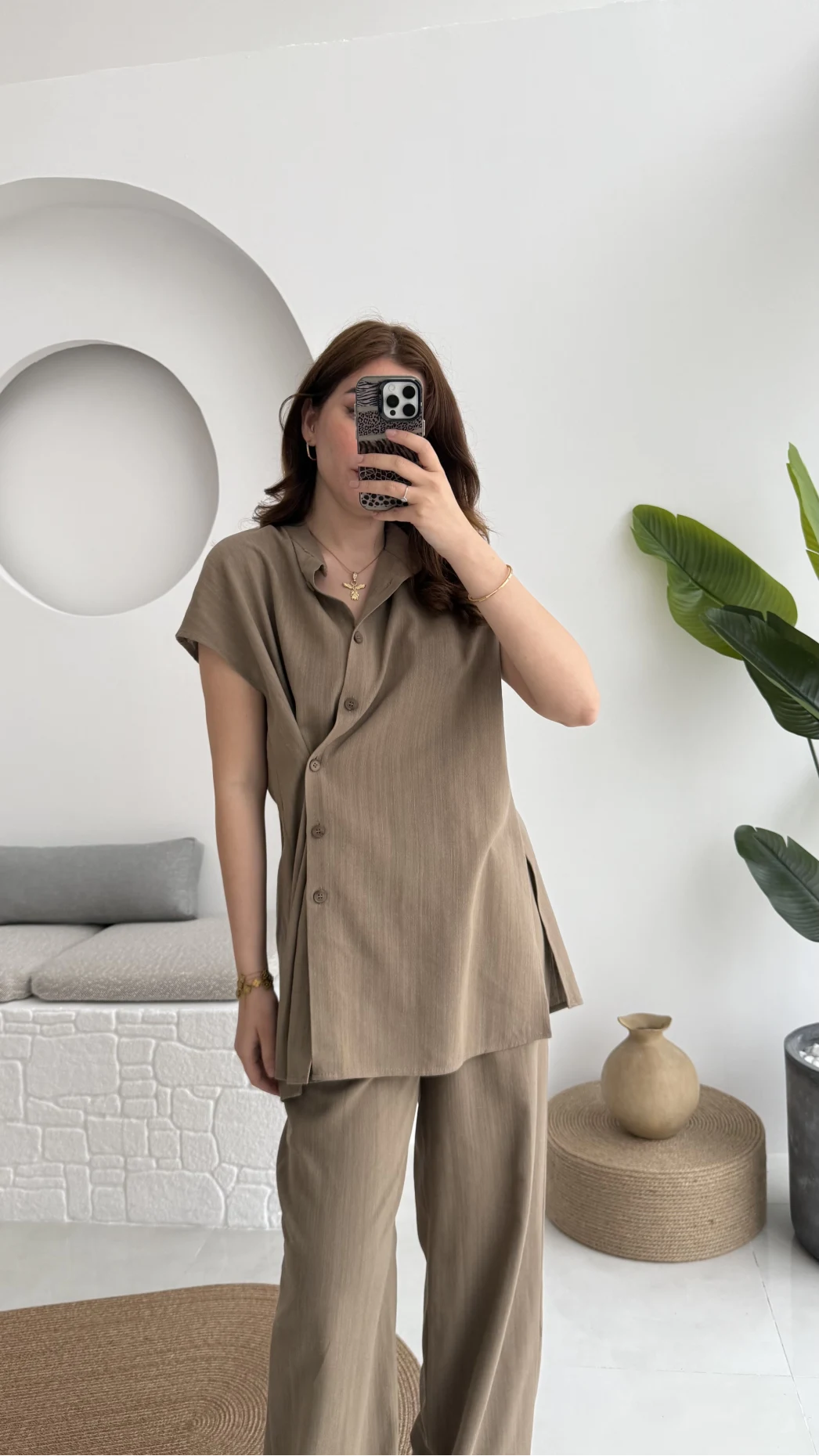 Düğme Detay Yelek Takım - 8613 - Vizon