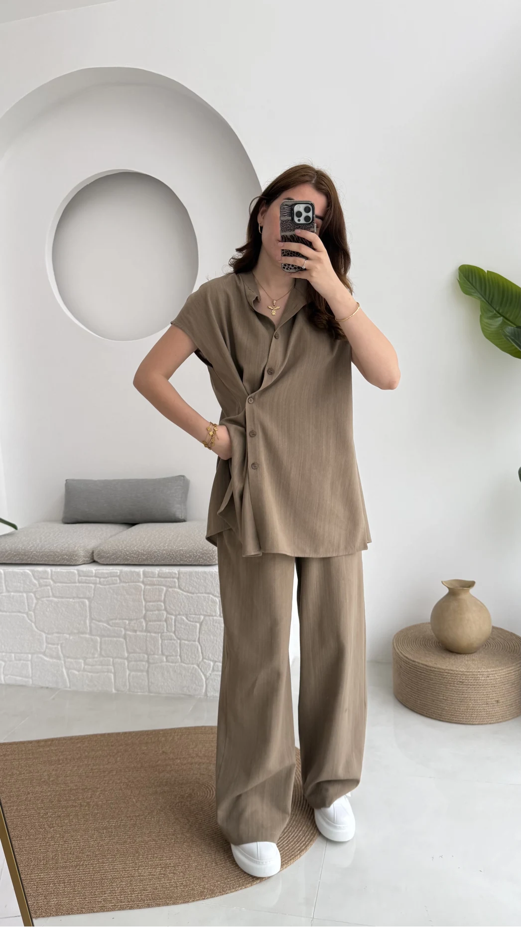 Düğme Detay Yelek Takım - 8613 - Vizon