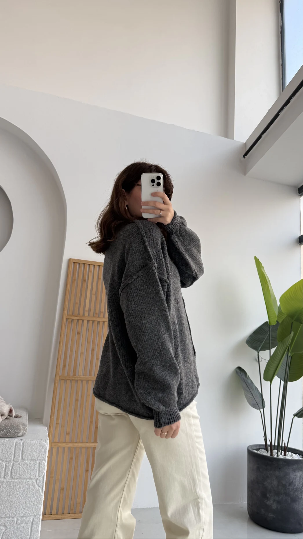 Düğmeli Balon Kol Hırka - Antrasit