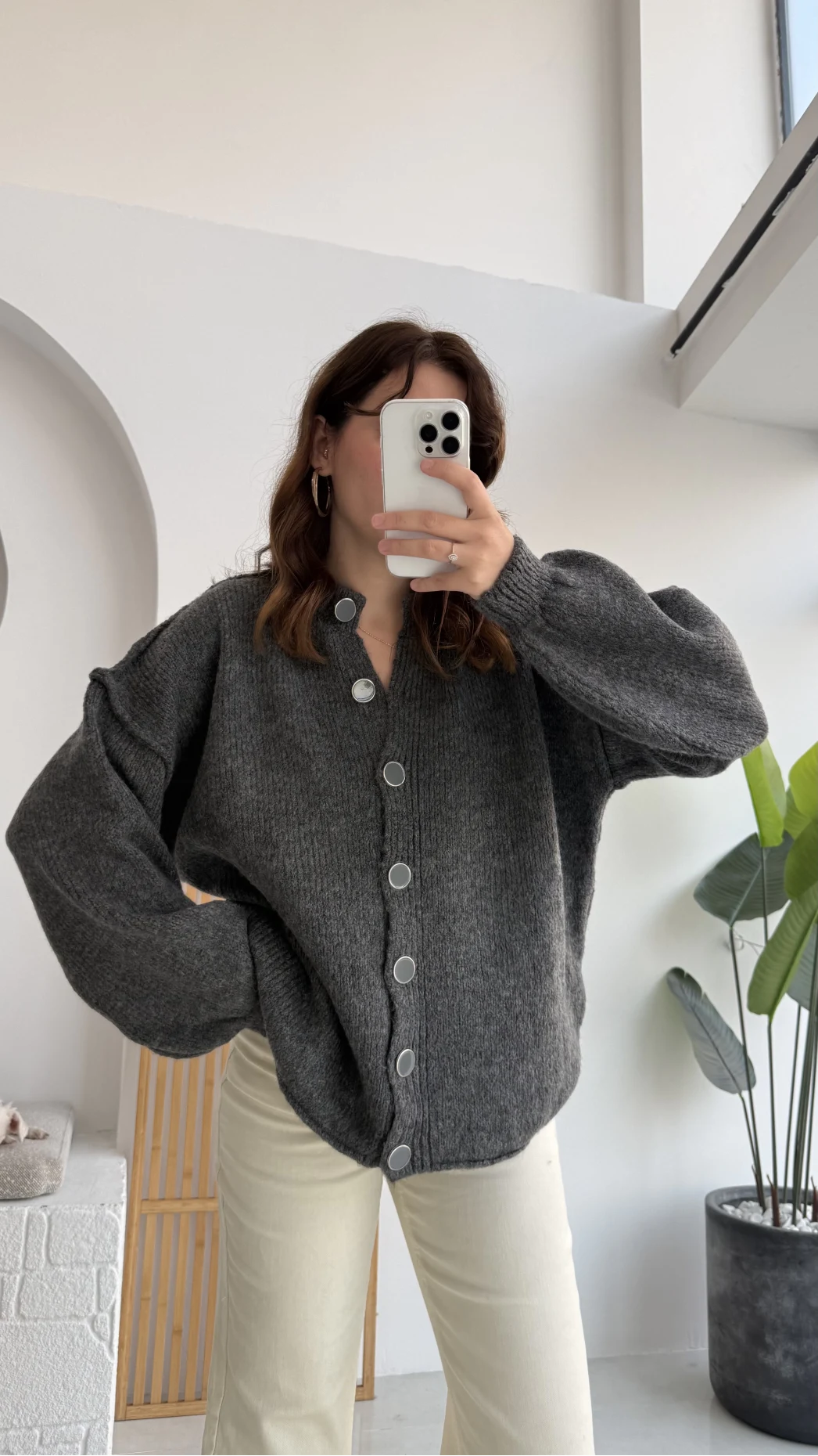 Düğmeli Balon Kol Hırka - Antrasit