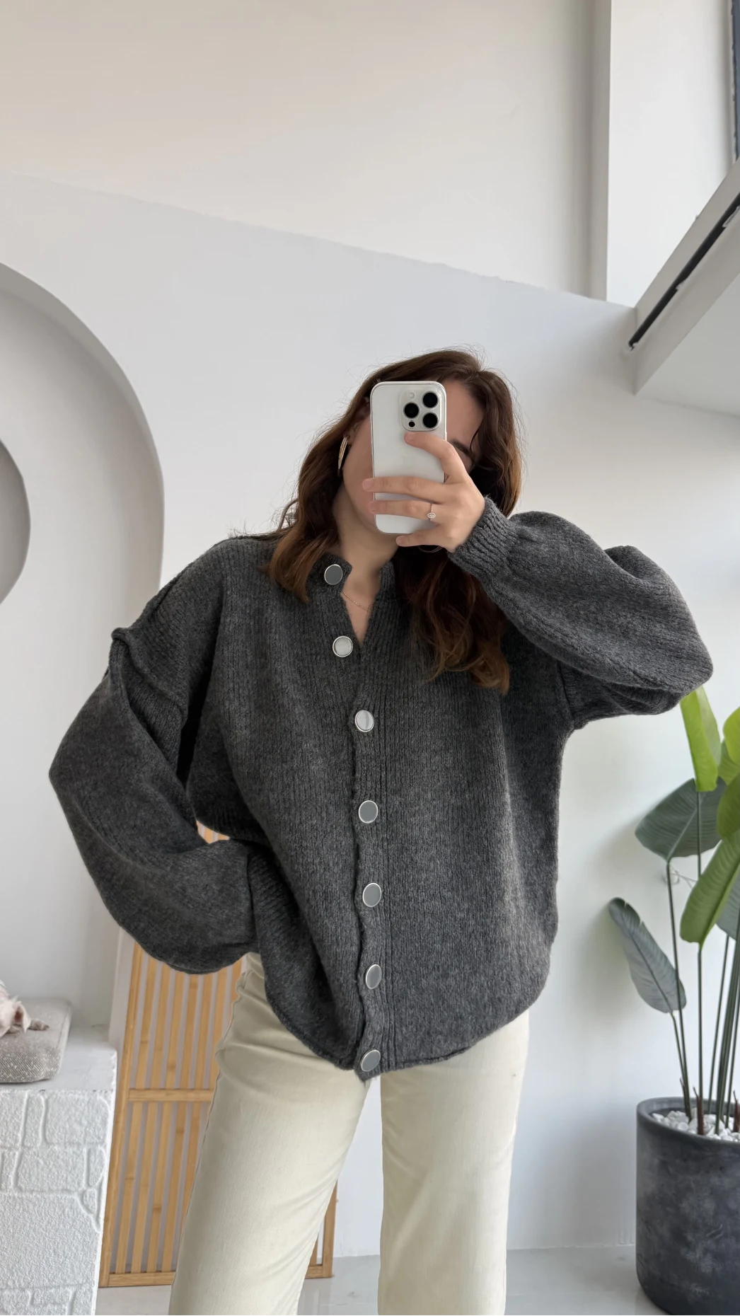 Düğmeli Balon Kol Hırka - Antrasit