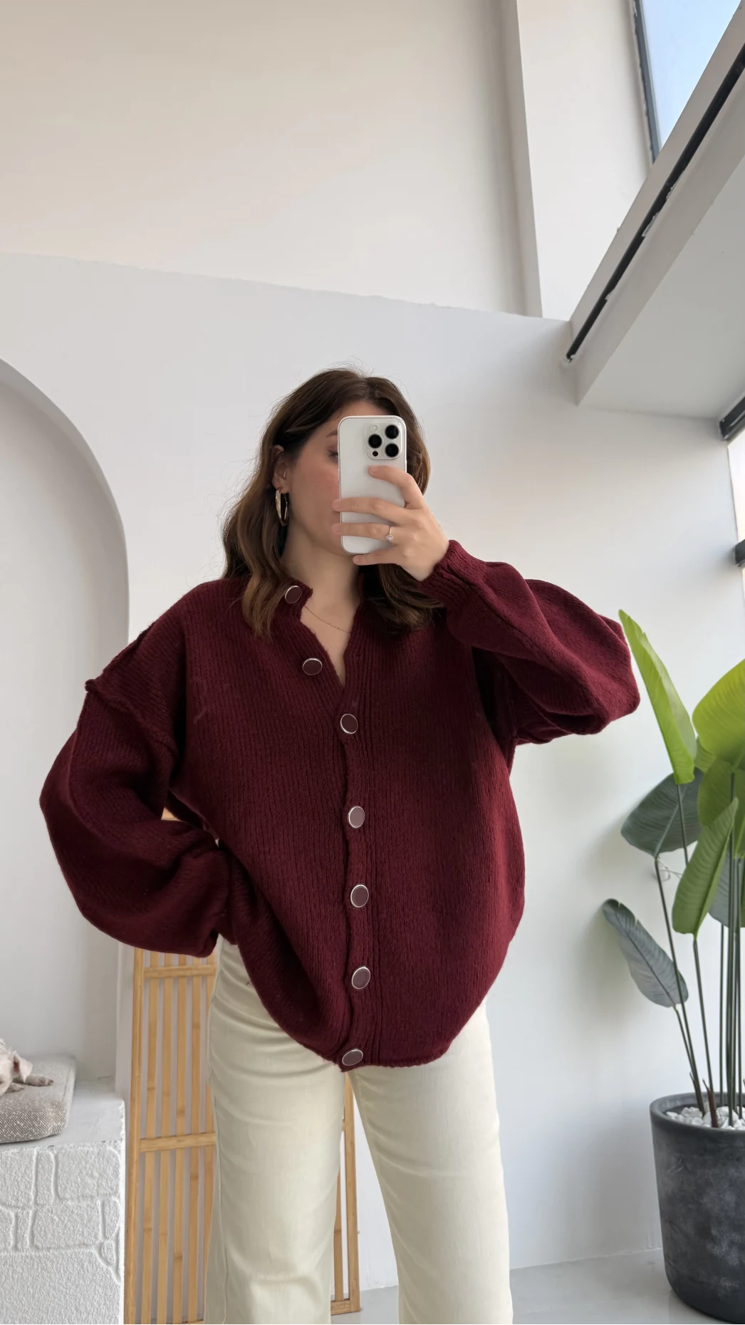 Düğmeli Balon Kol Hırka - Bordo