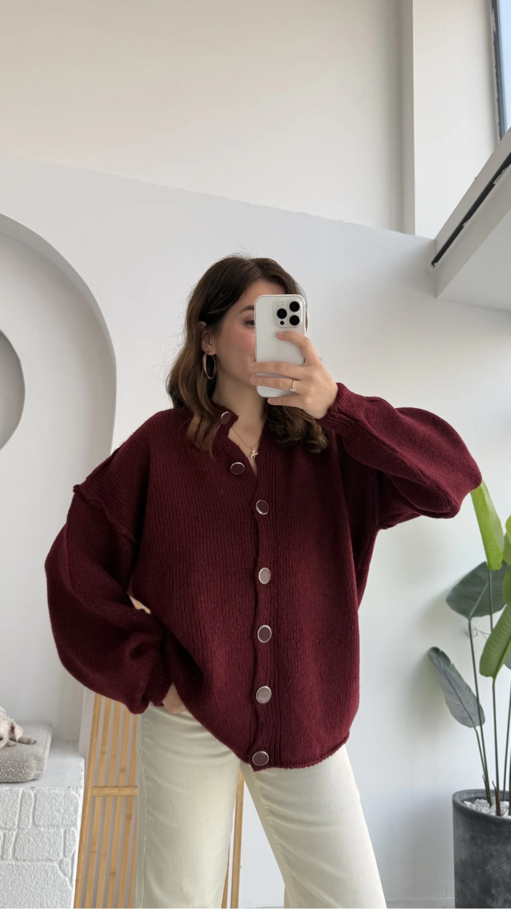 Düğmeli Balon Kol Hırka - Bordo