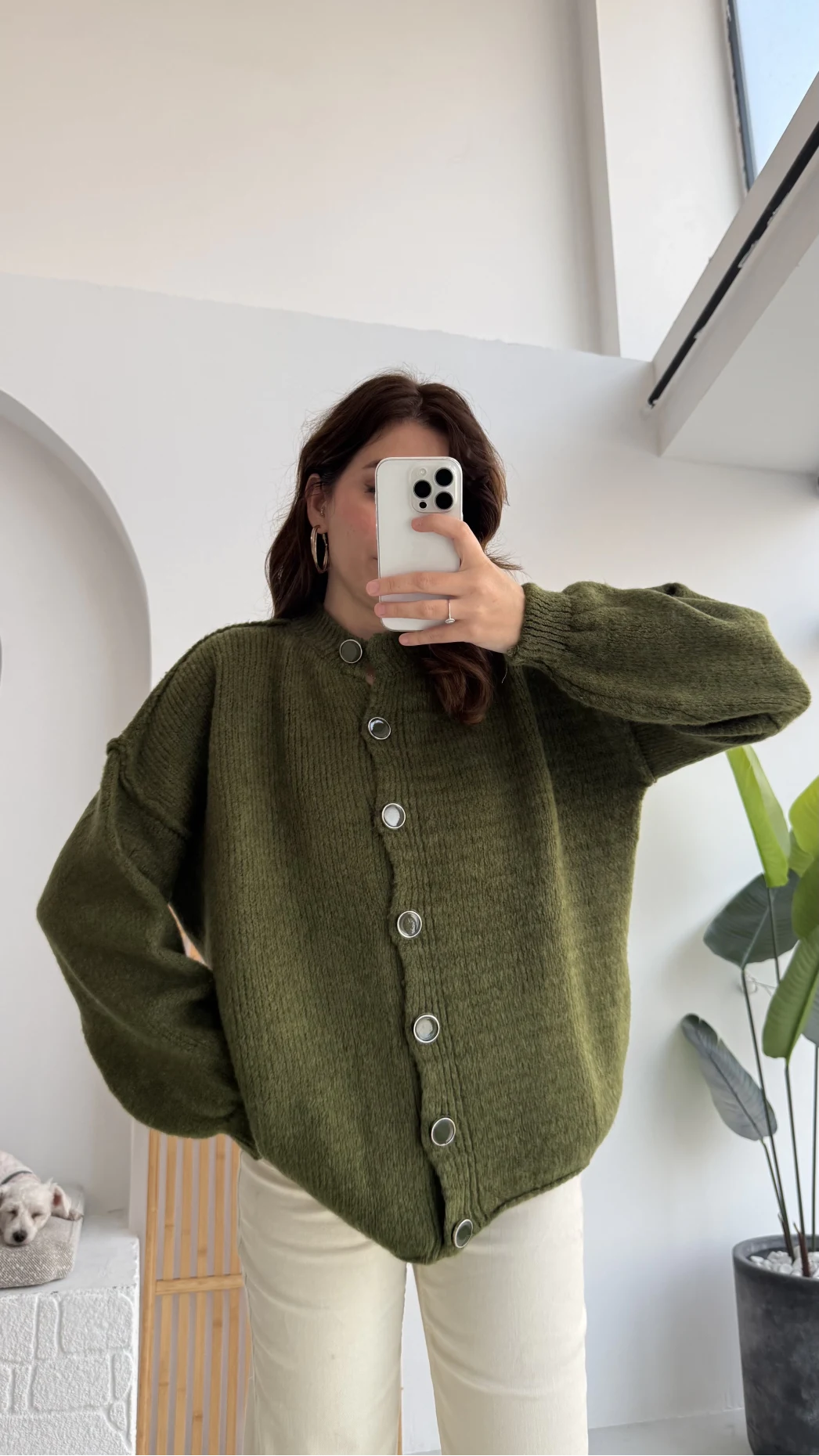 Düğmeli Balon Kol Hırka - Haki