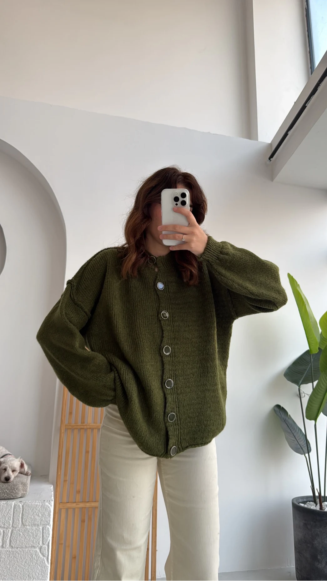 Düğmeli Balon Kol Hırka - Haki