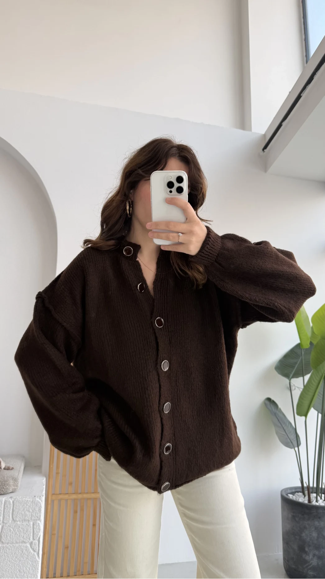 Düğmeli Balon Kol Hırka - Kahverengi