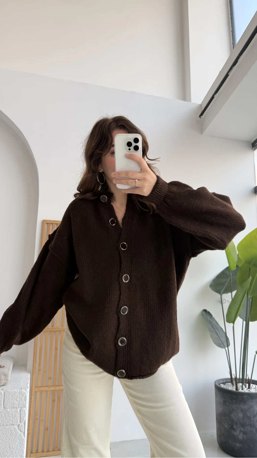 Düğmeli Balon Kol Hırka - Kahverengi