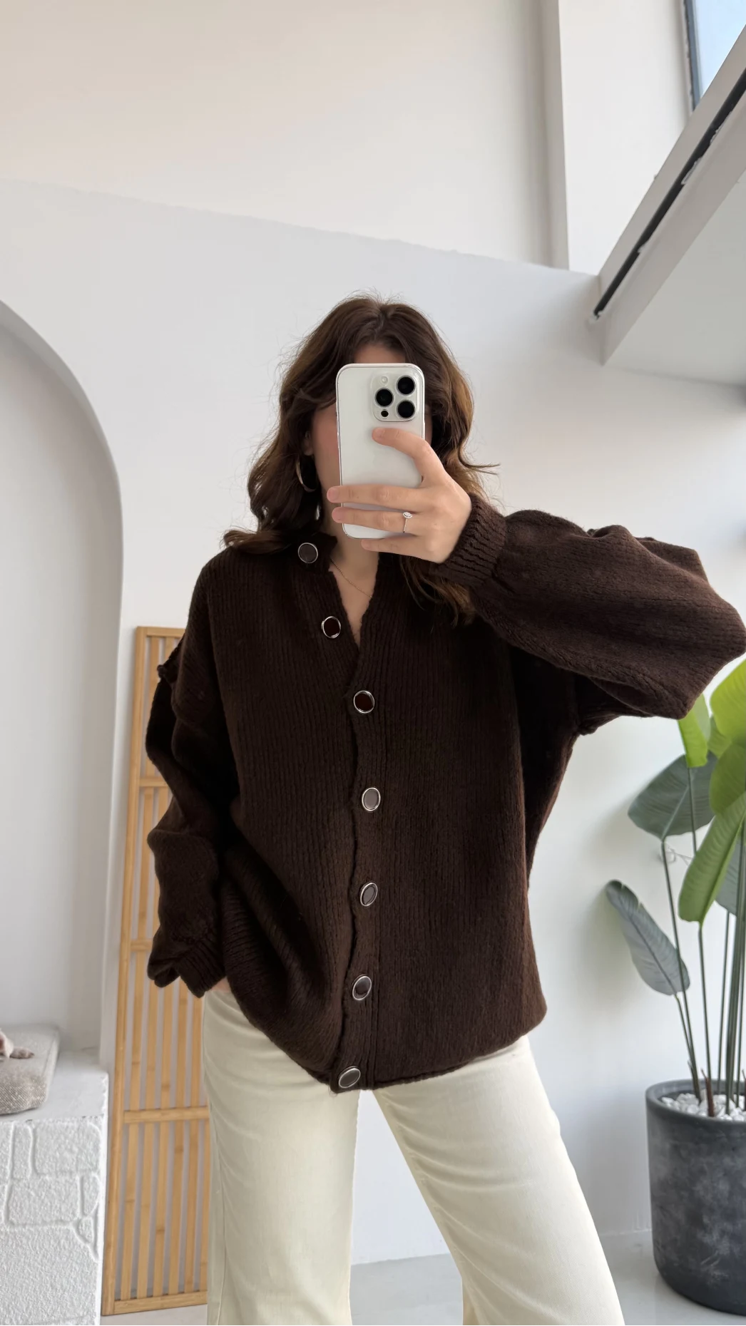 Düğmeli Balon Kol Hırka - Kahverengi