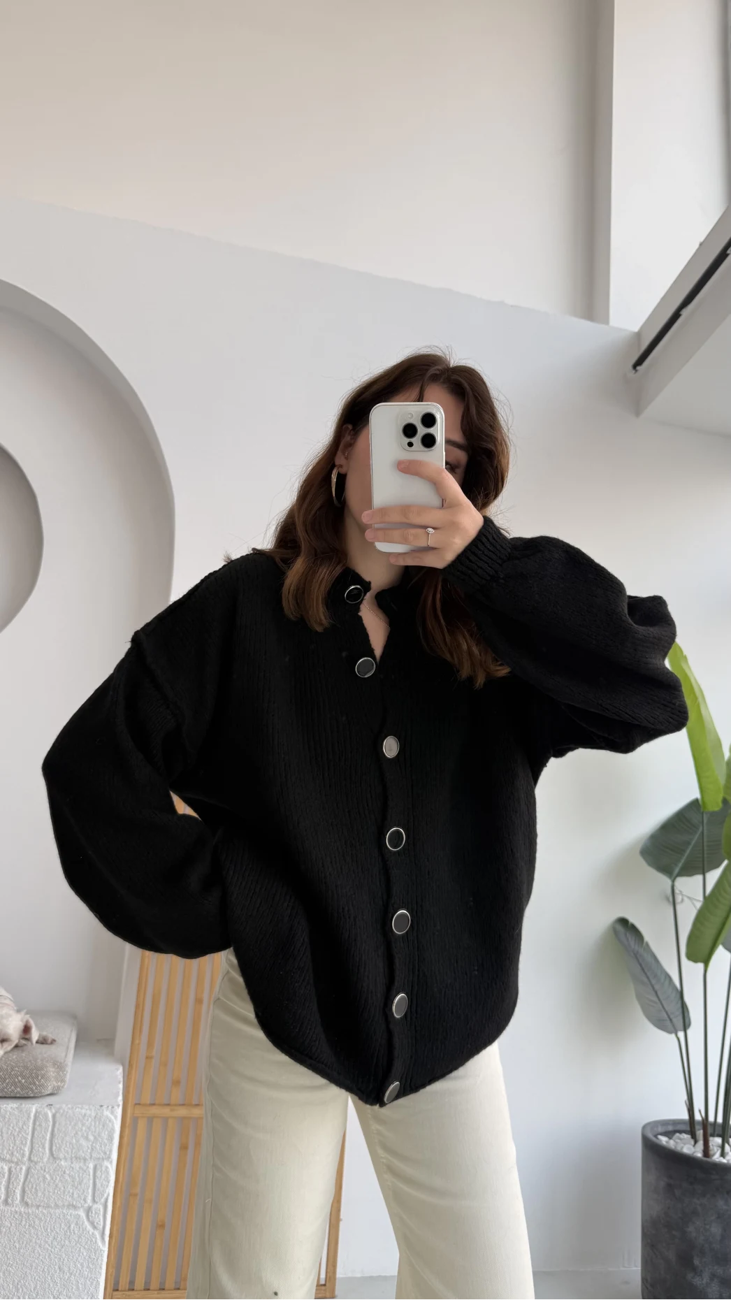 Düğmeli Balon Kol Hırka - Siyah