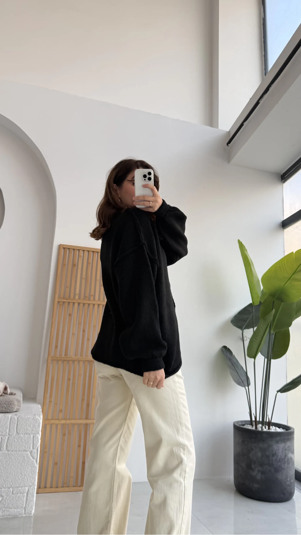 Düğmeli Balon Kol Hırka - Siyah