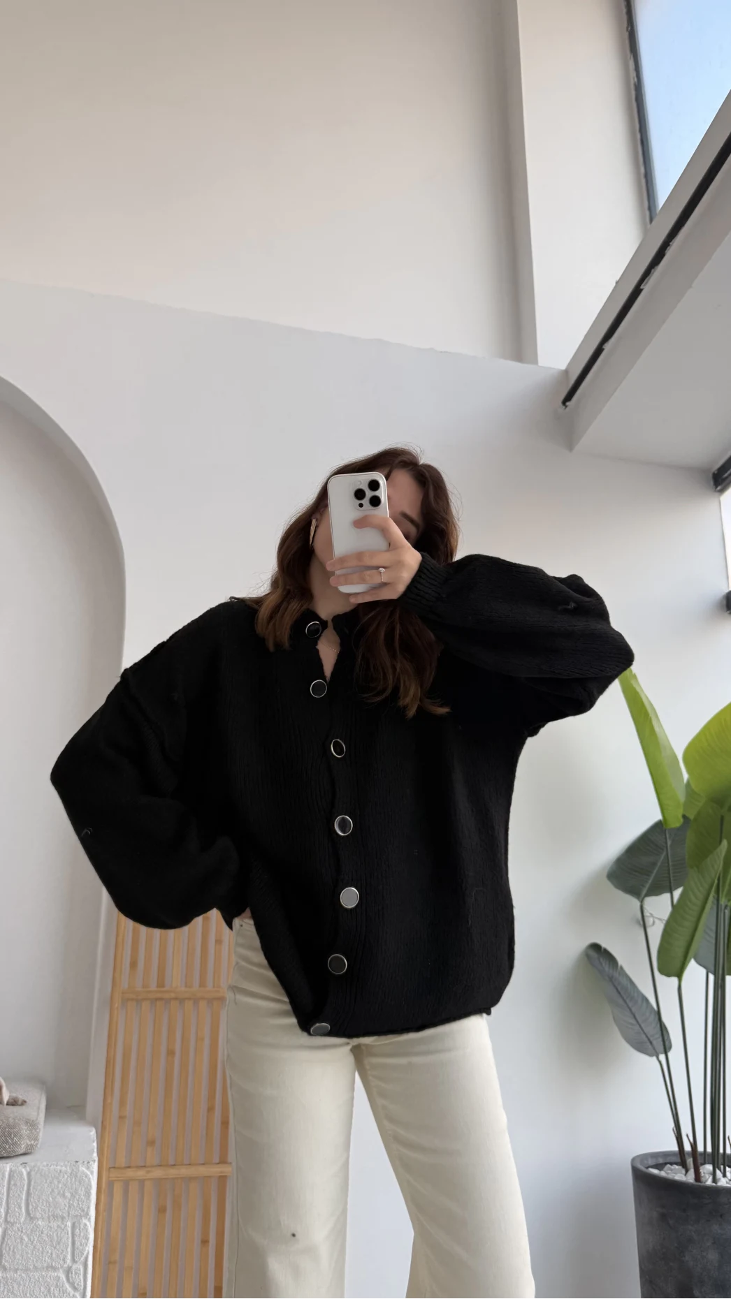 Düğmeli Balon Kol Hırka - Siyah