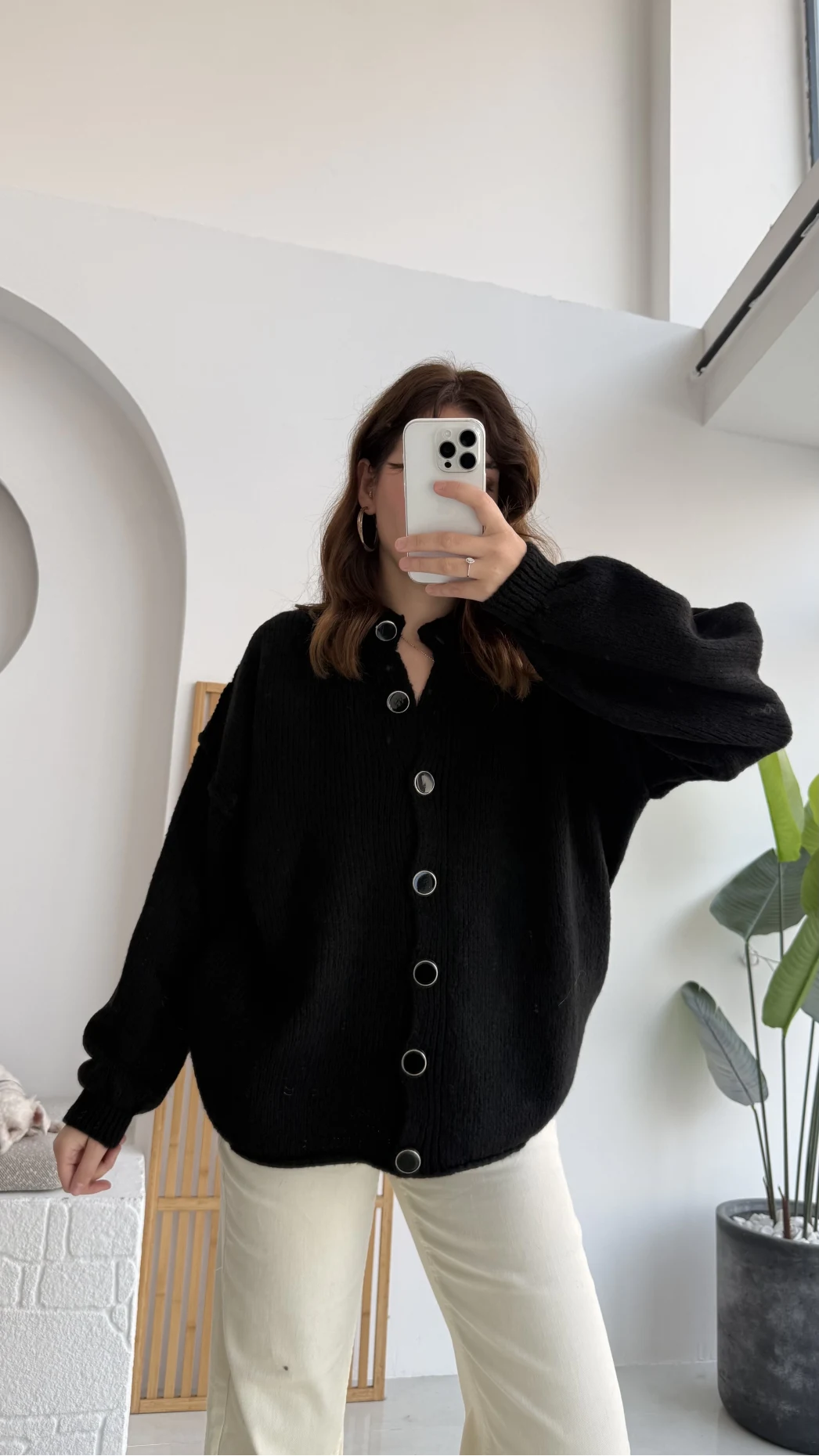 Düğmeli Balon Kol Hırka - Siyah