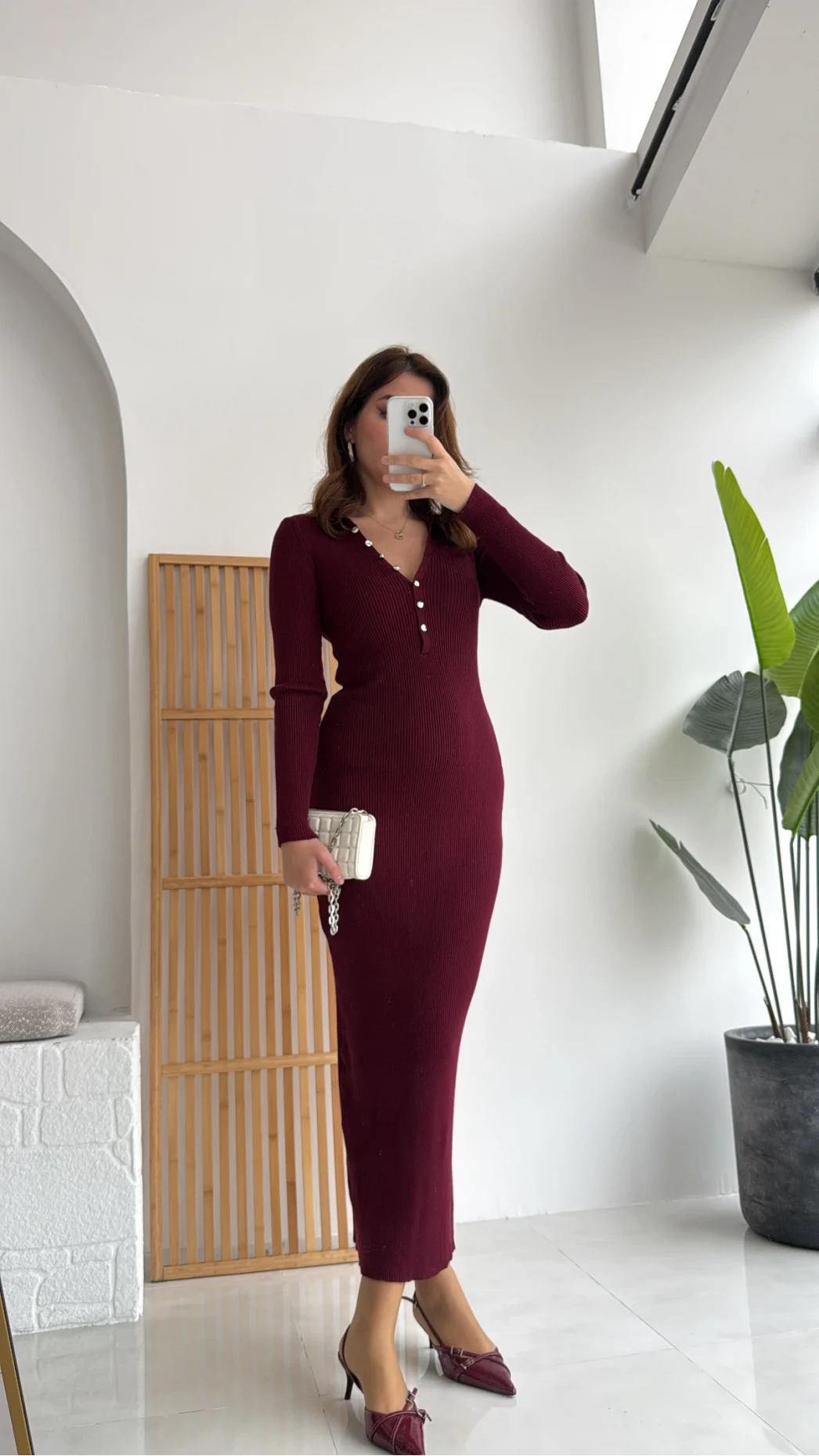 Düğmeli Bordo Triko Fitili Elbise