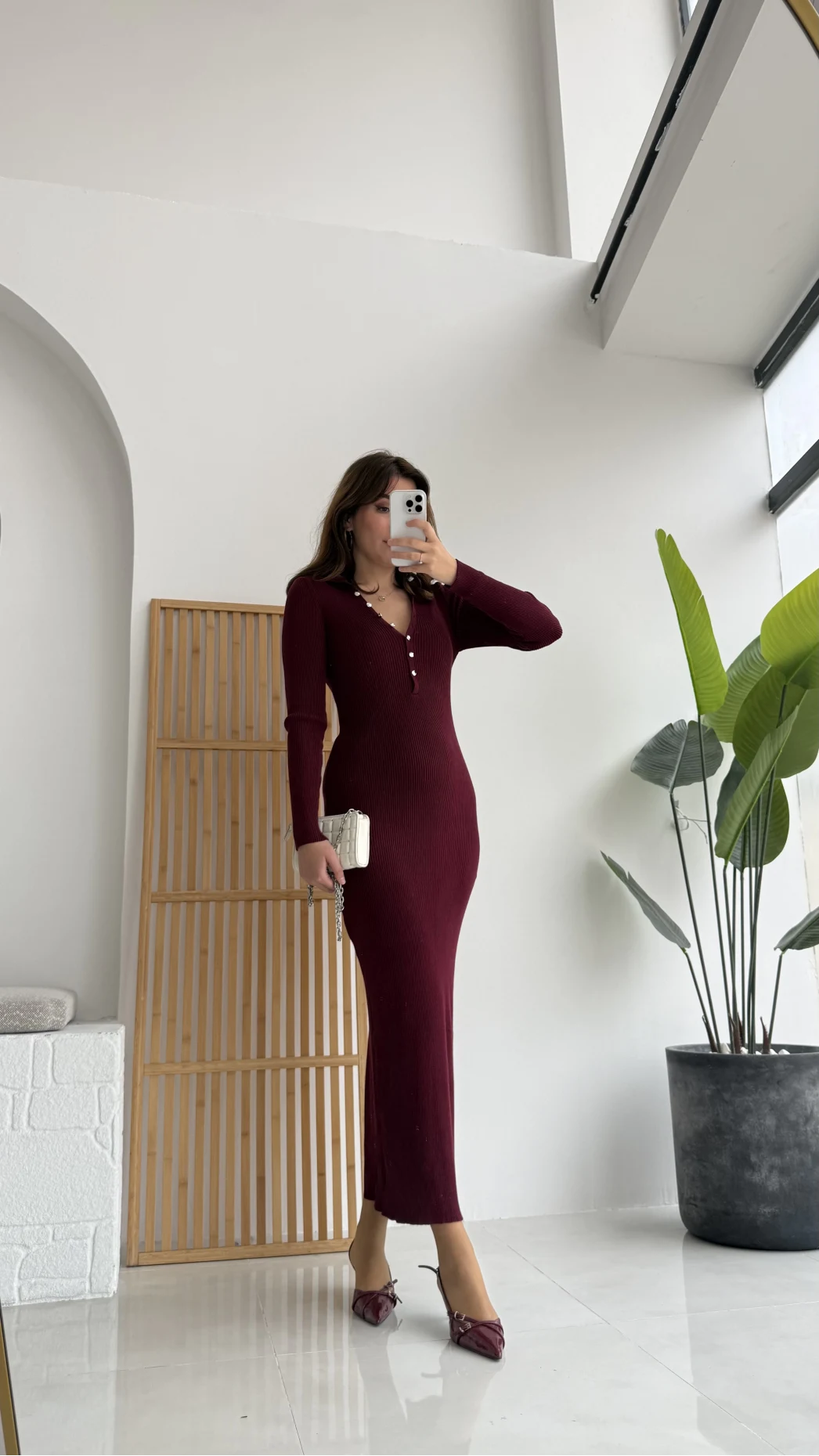 Düğmeli Bordo Triko Fitili Elbise