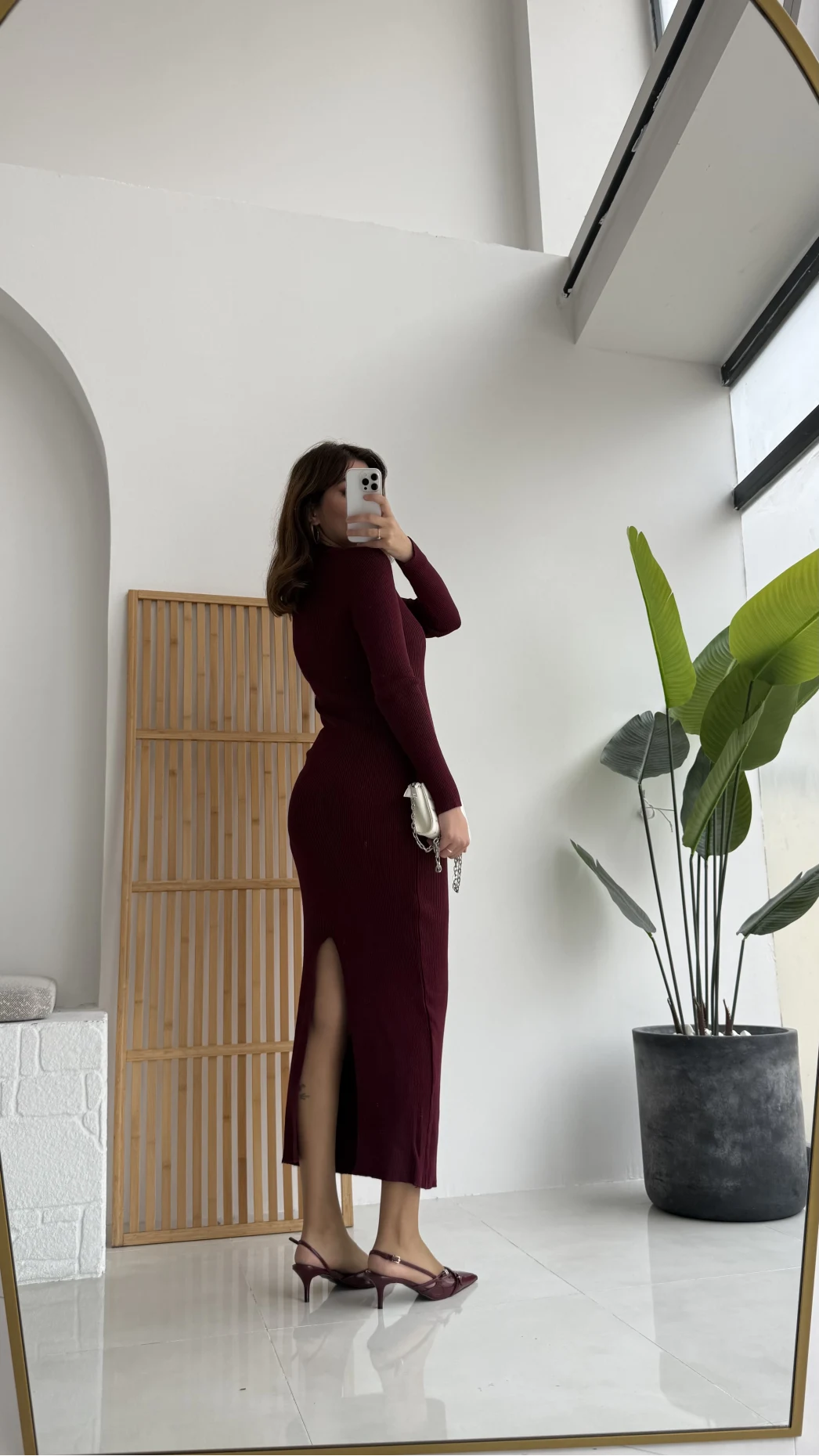 Düğmeli Bordo Triko Fitili Elbise
