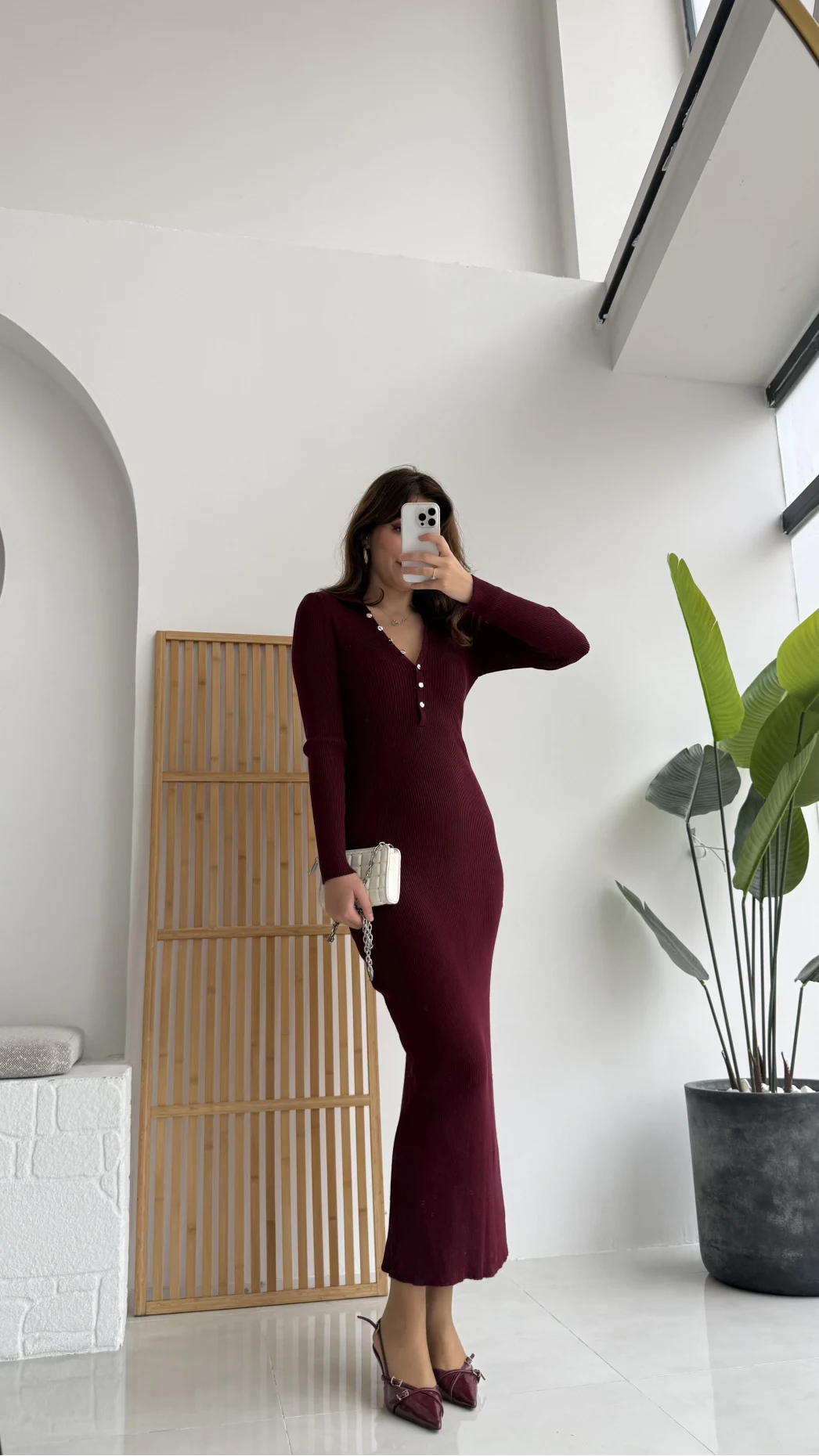 Düğmeli Bordo Triko Fitili Elbise