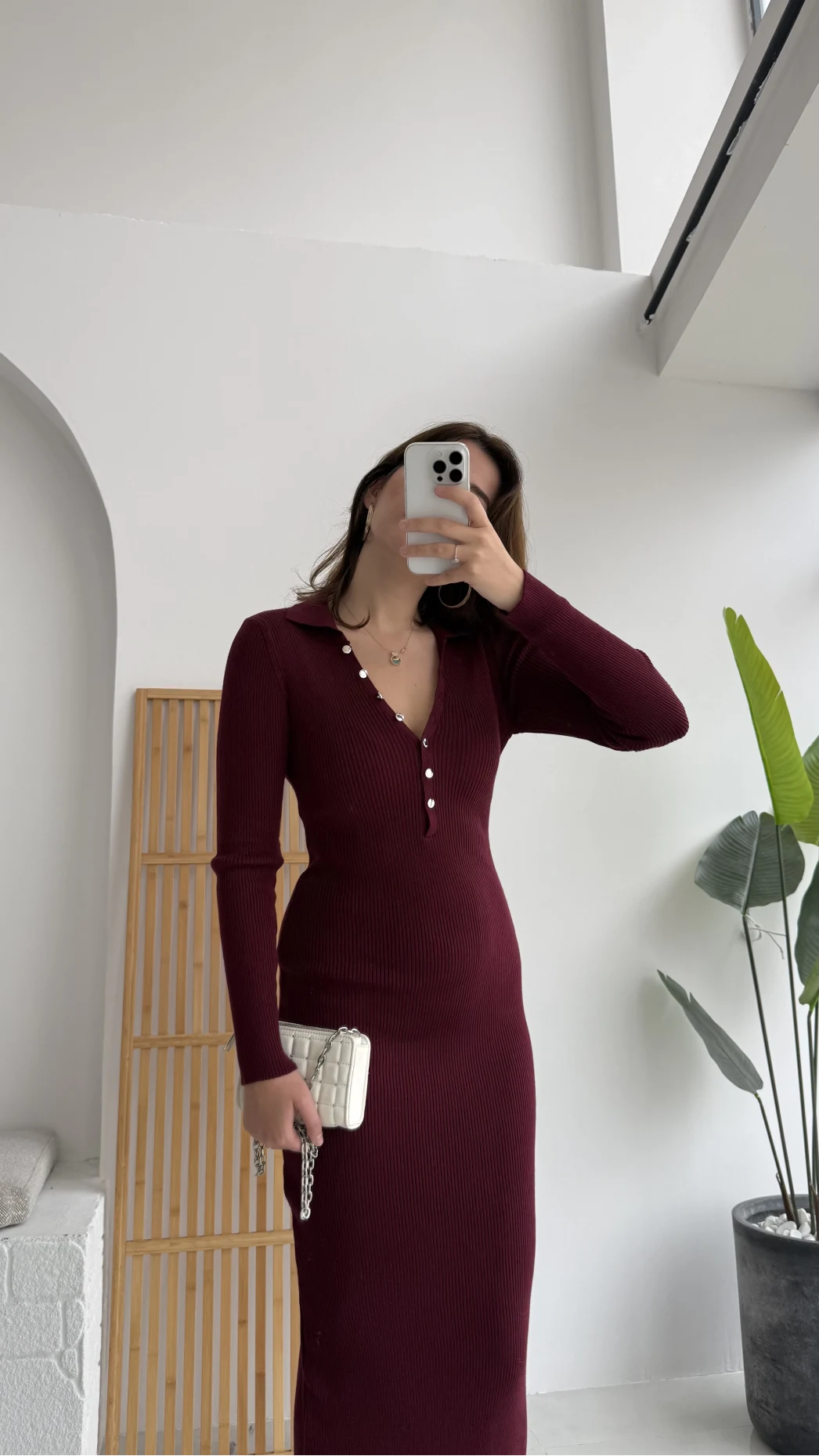 Düğmeli Bordo Triko Fitili Elbise