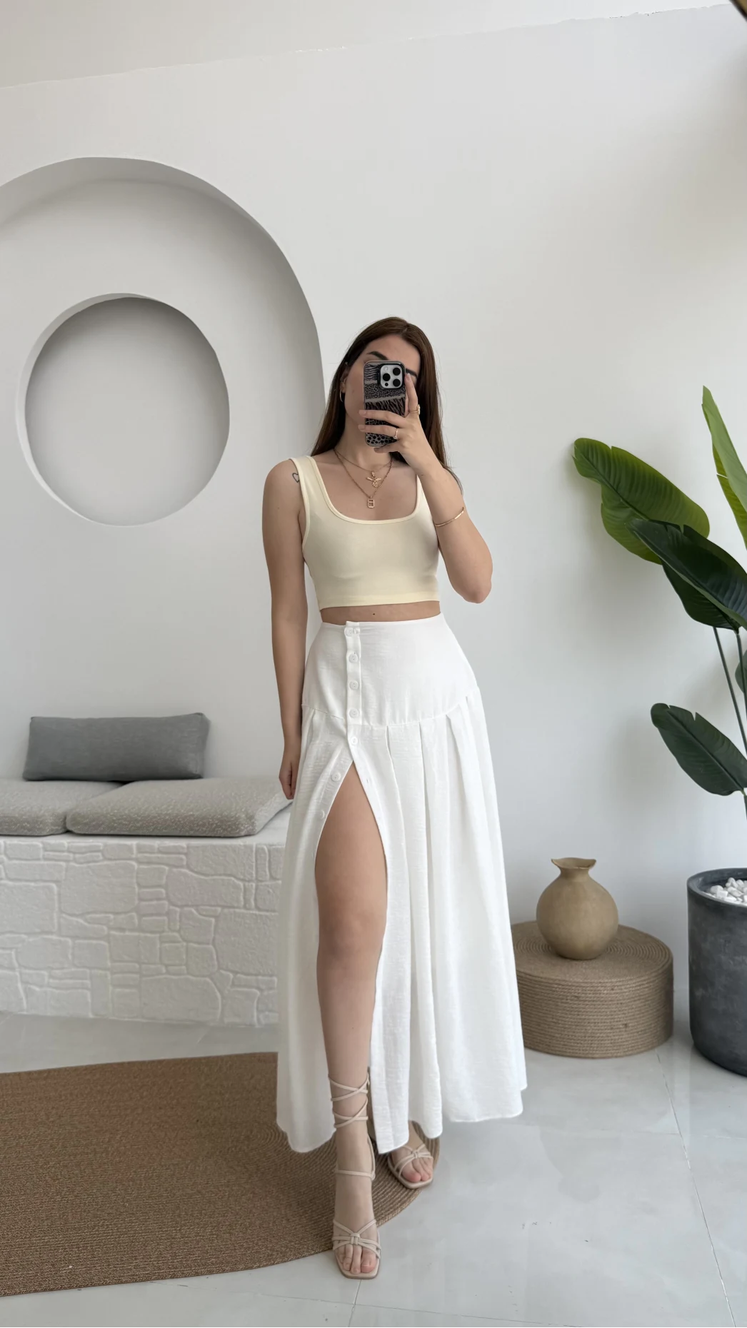 Düğmeli Etek Astarlı Beyaz