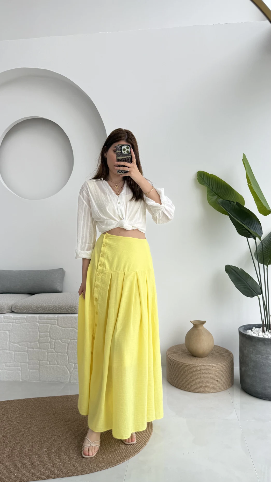 Düğmeli Etek Astarlı Sarı