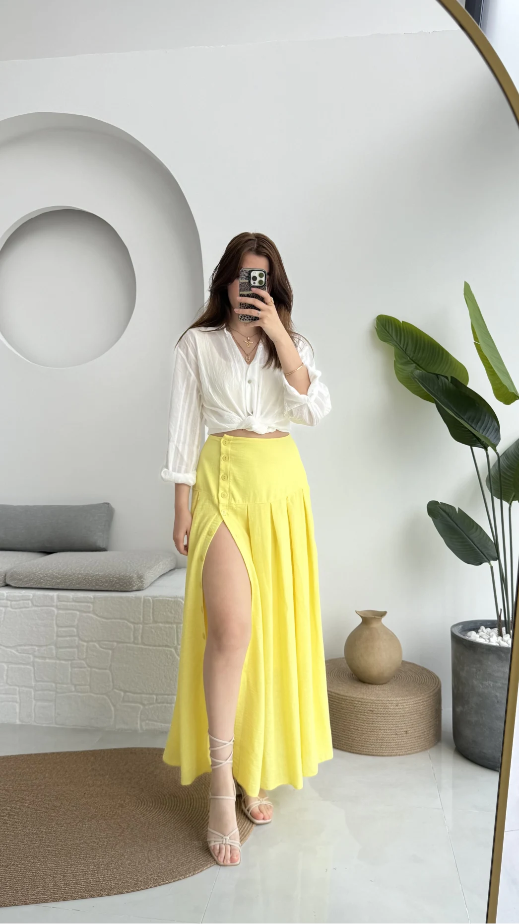 Düğmeli Etek Astarlı Sarı