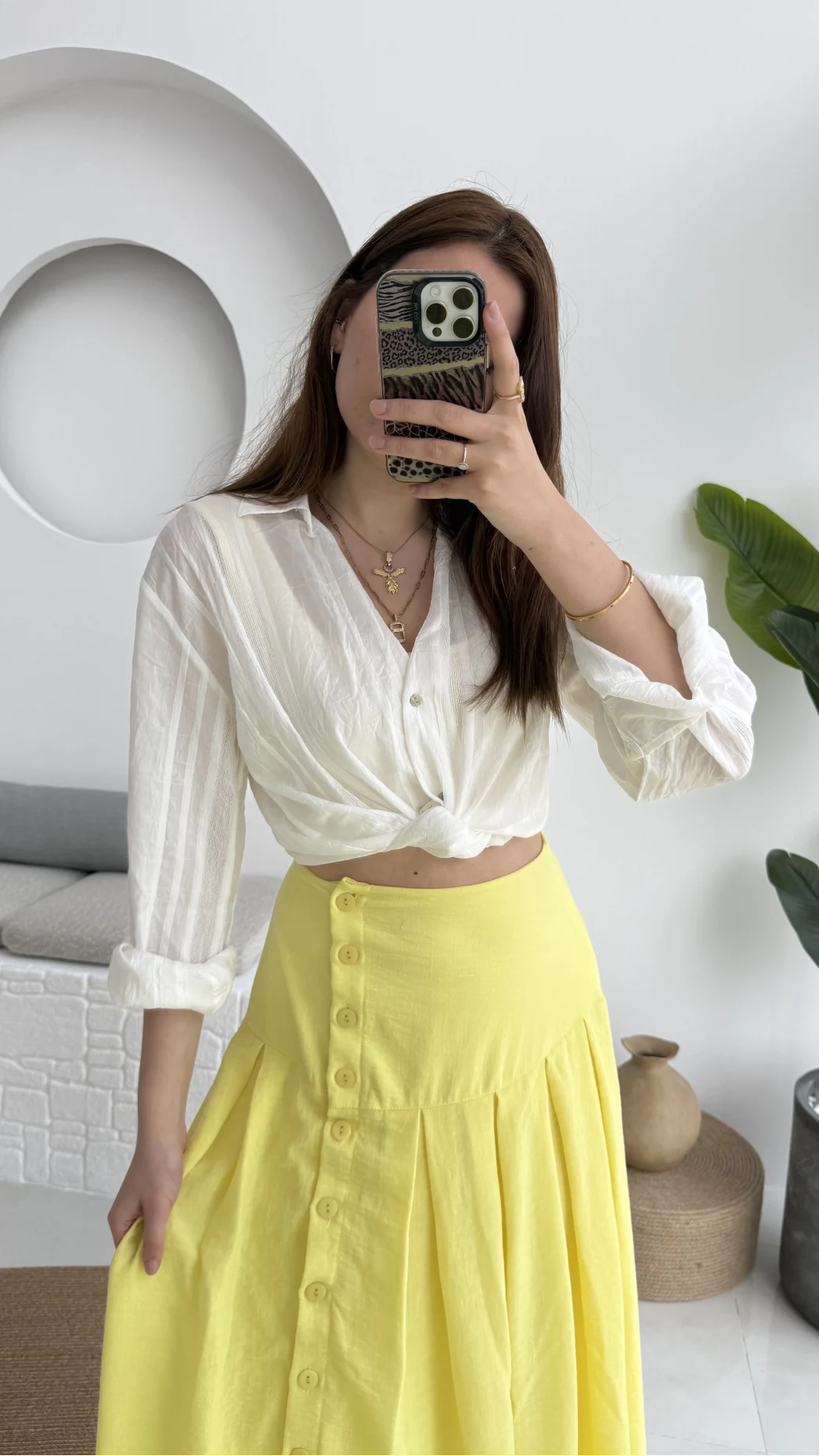 Düğmeli Etek Astarlı Sarı