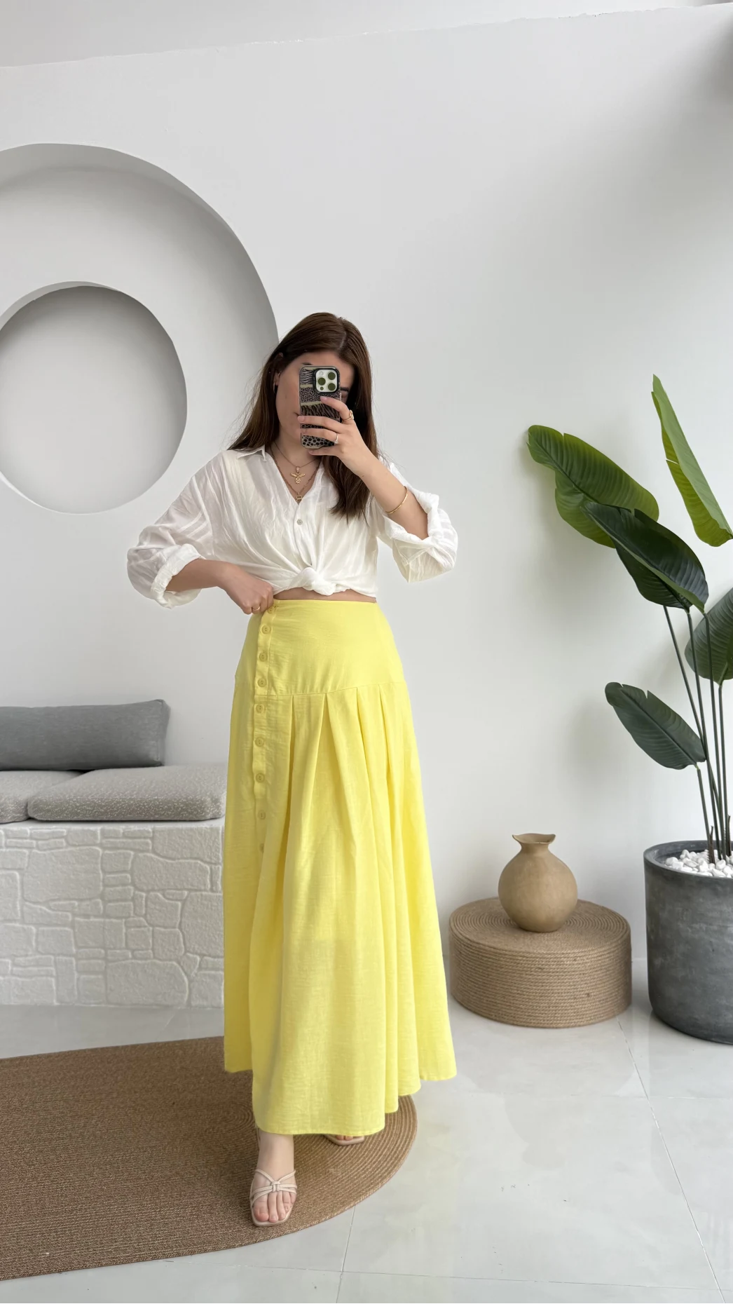 Düğmeli Etek Astarlı Sarı