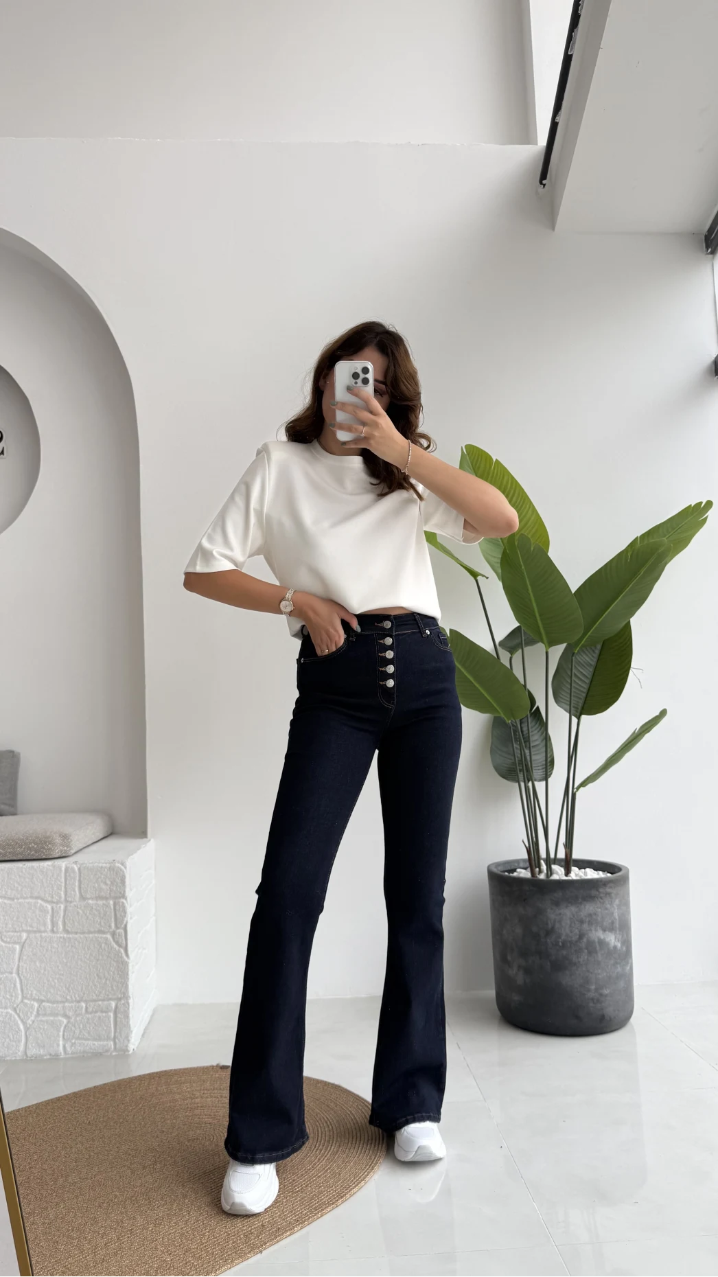 Düğmeli Likralı İspanyol Jean Pantolon - Lacivert