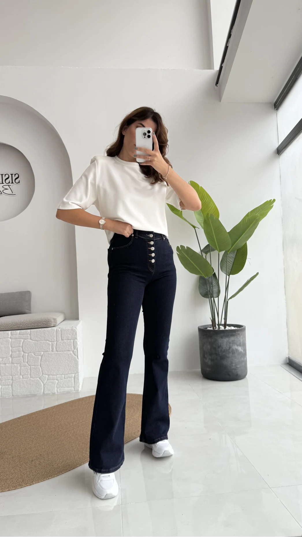 Düğmeli Likralı İspanyol Jean Pantolon - Lacivert