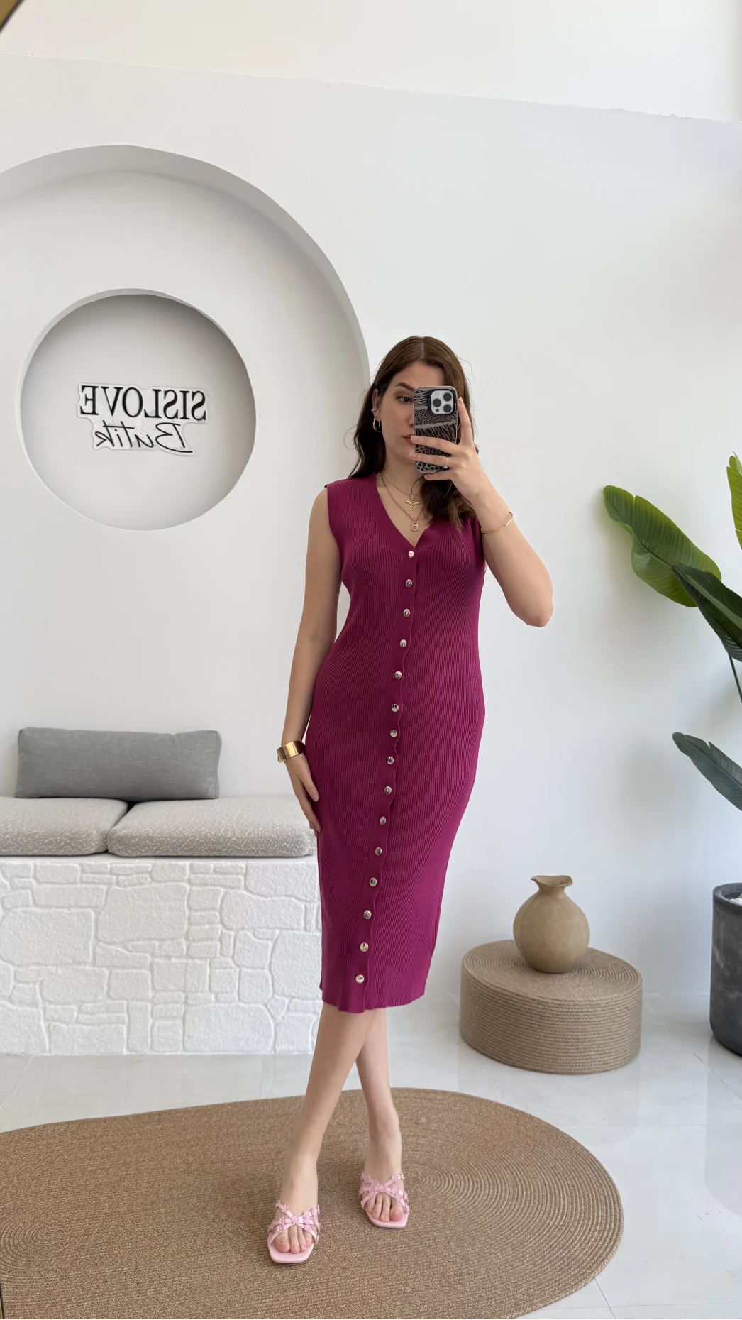 Düğmeli Midi Boy Triko Elbise Fuşya 2832