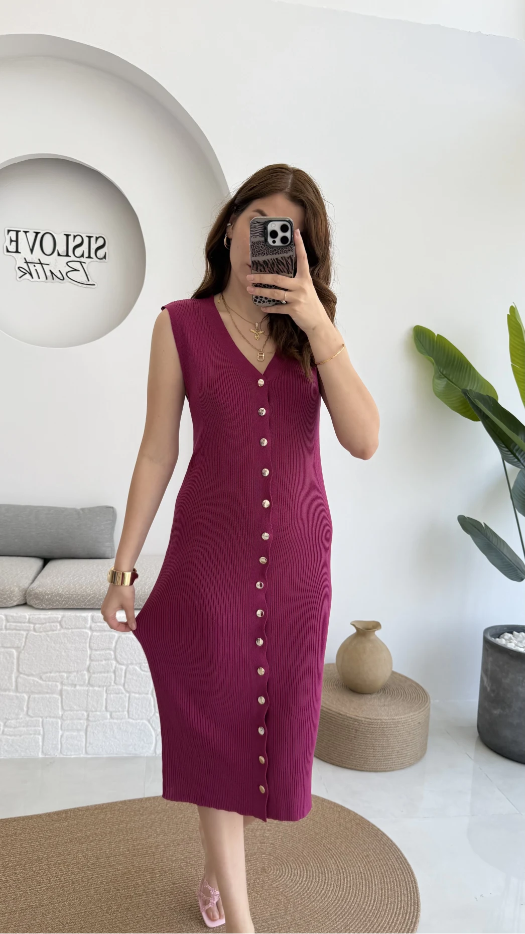 Düğmeli Midi Boy Triko Elbise Fuşya 2832