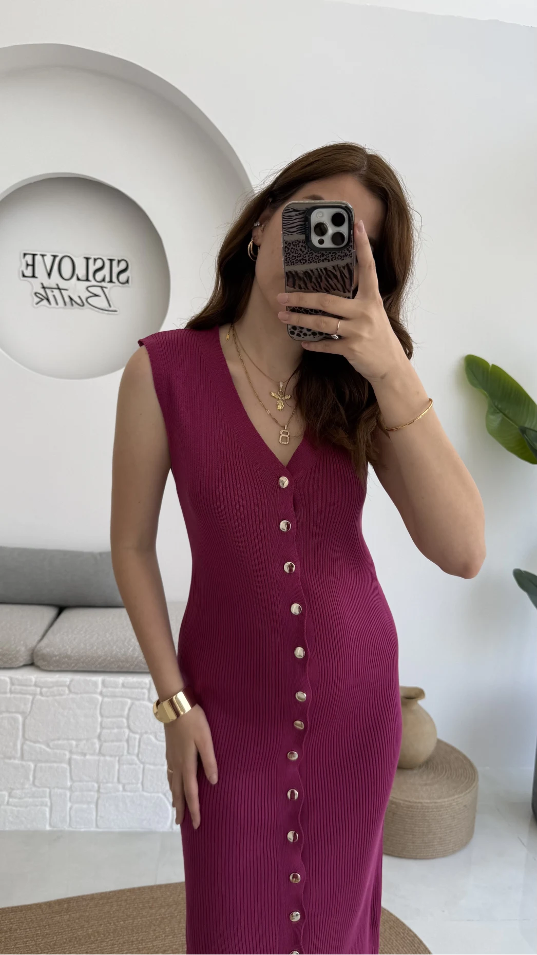 Düğmeli Midi Boy Triko Elbise Fuşya 2832