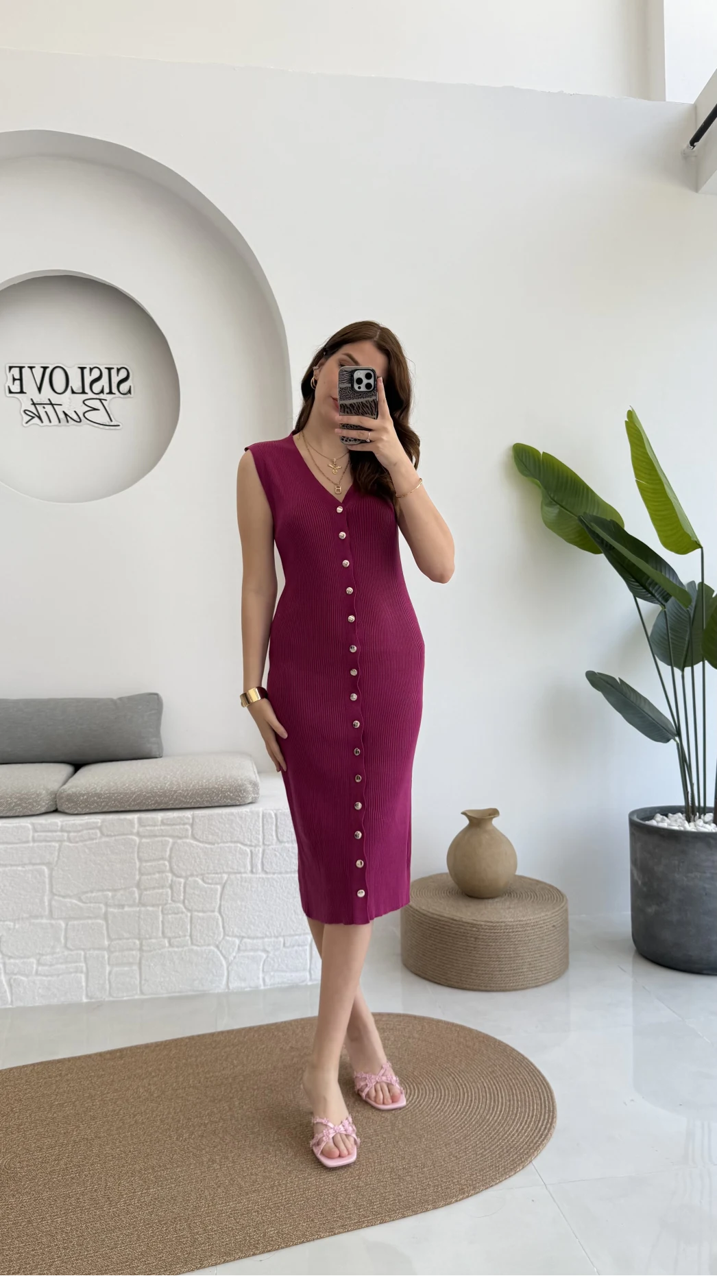 Düğmeli Midi Boy Triko Elbise Fuşya 2832