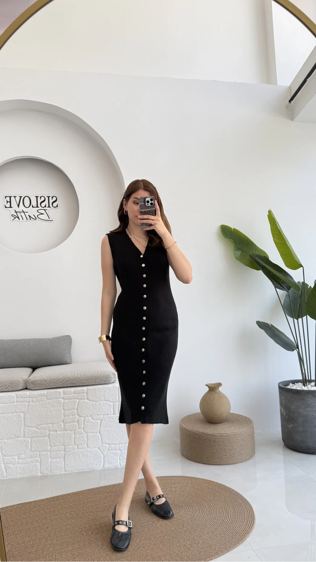 Düğmeli Midi Boy Triko Elbise Siyah 2832