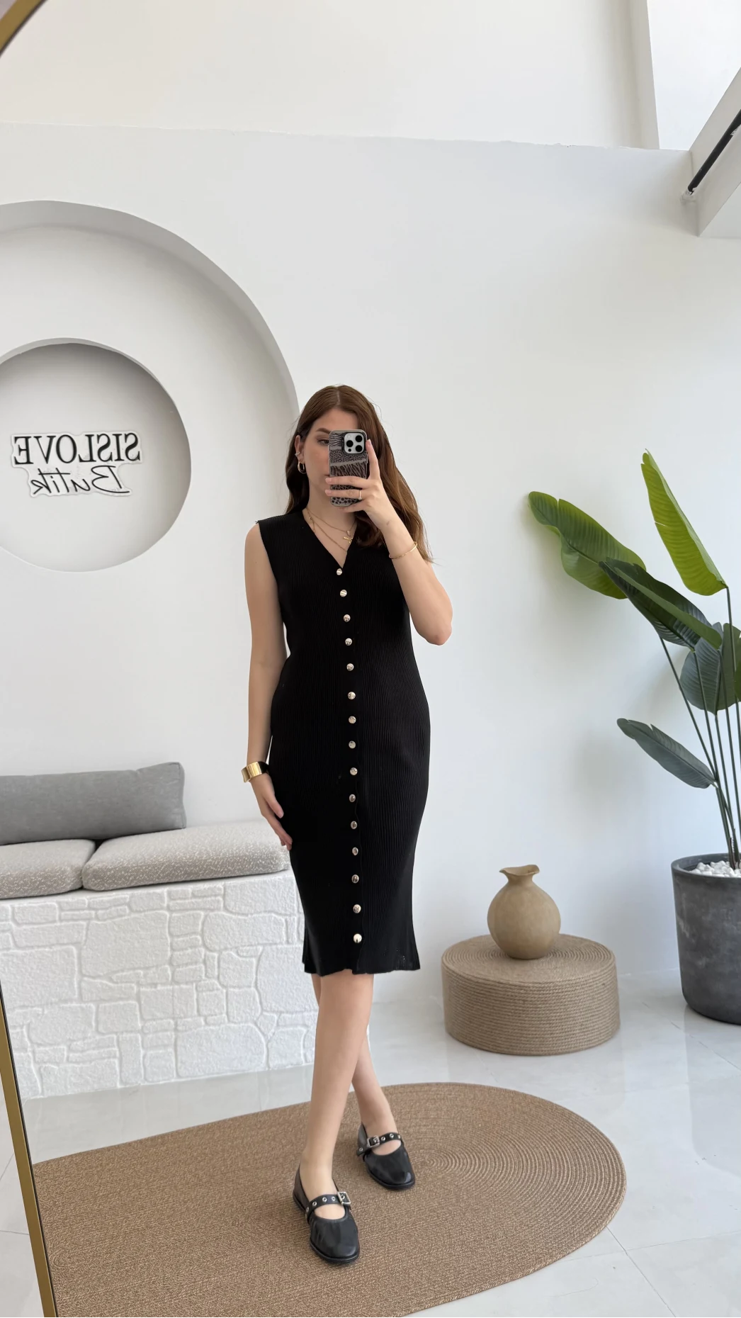 Düğmeli Midi Boy Triko Elbise Siyah 2832