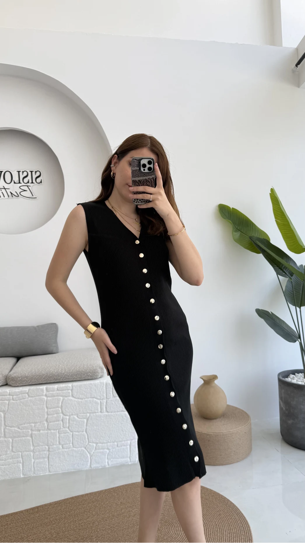 Düğmeli Midi Boy Triko Elbise Siyah 2832