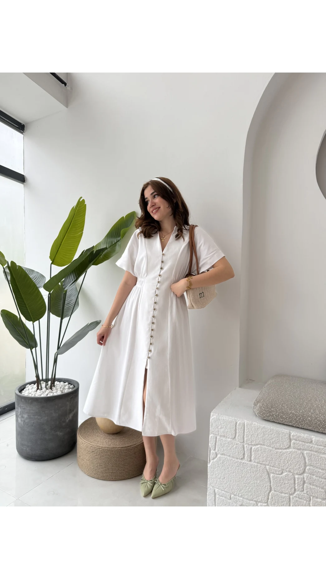 Düğmeli V Yaka Elbise - 2247 - Beyaz