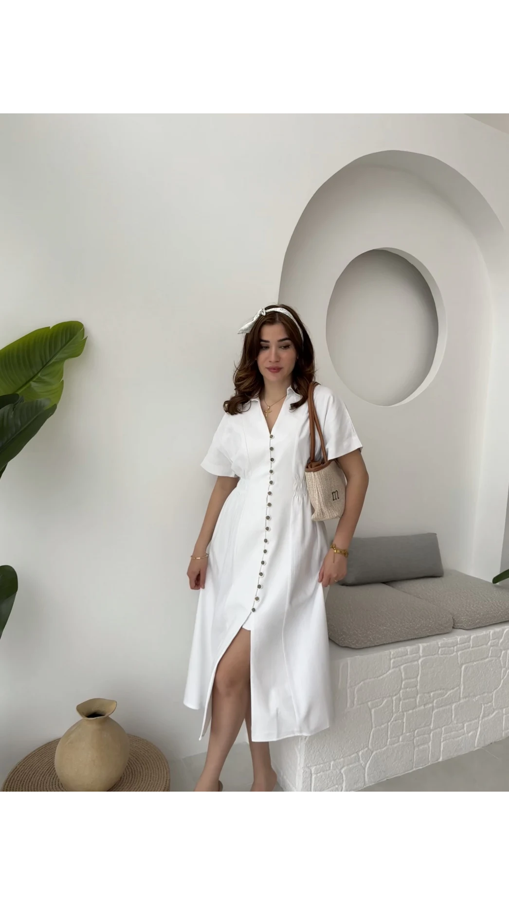 Düğmeli V Yaka Elbise - 2247 - Beyaz