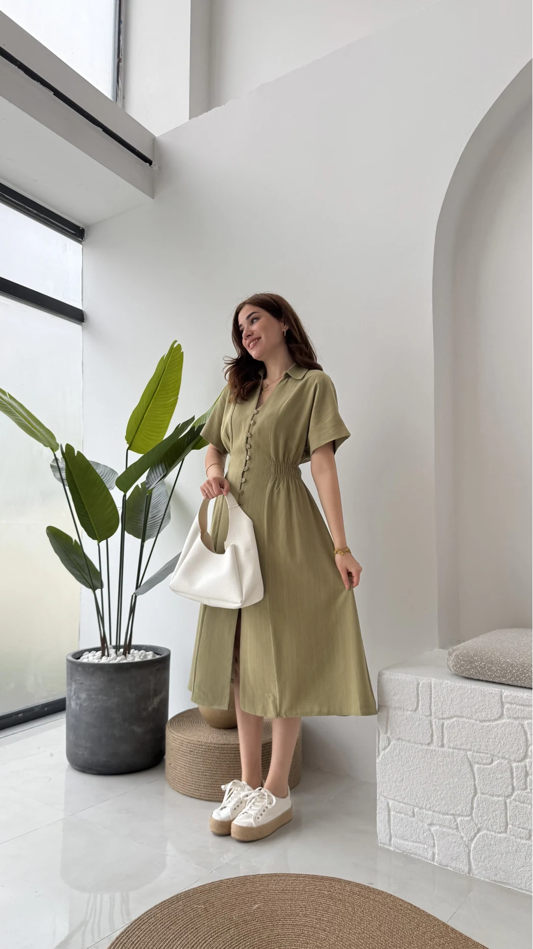 Düğmeli V Yaka Elbise - 2247 - Haki