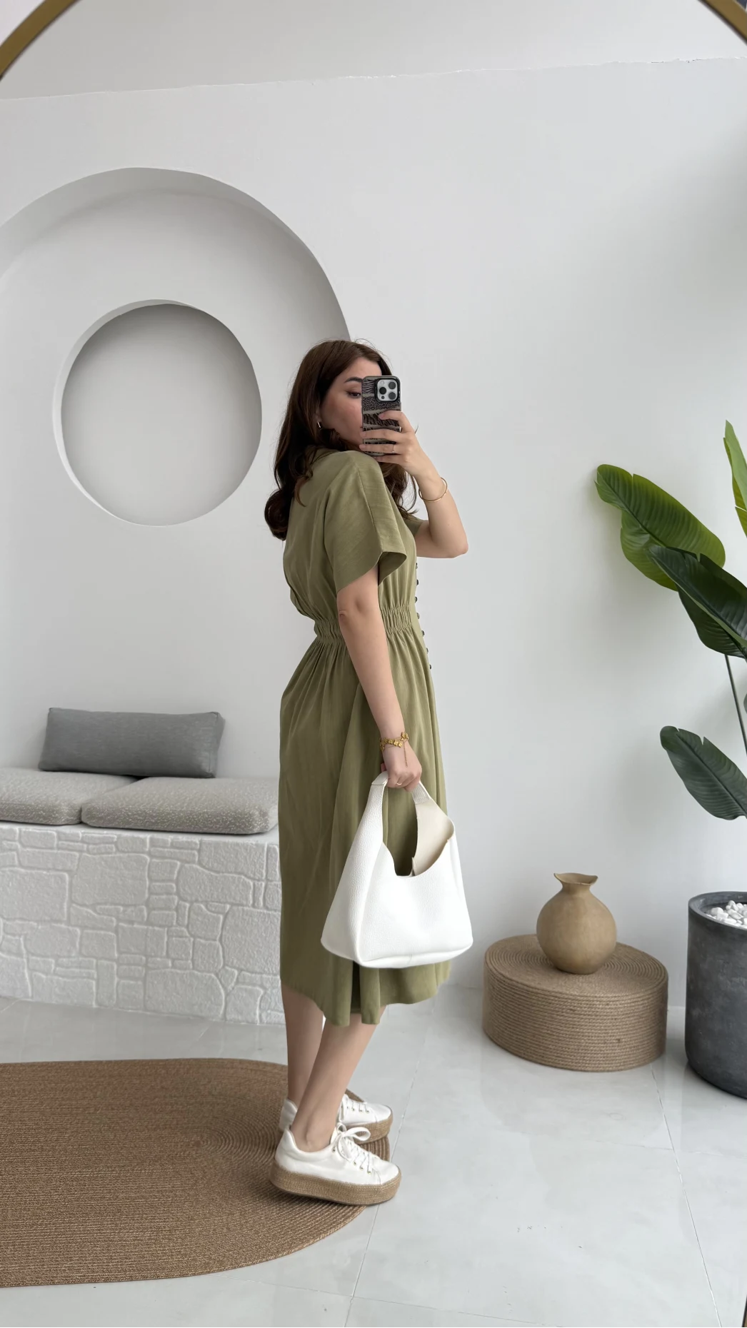 Düğmeli V Yaka Elbise - 2247 - Haki