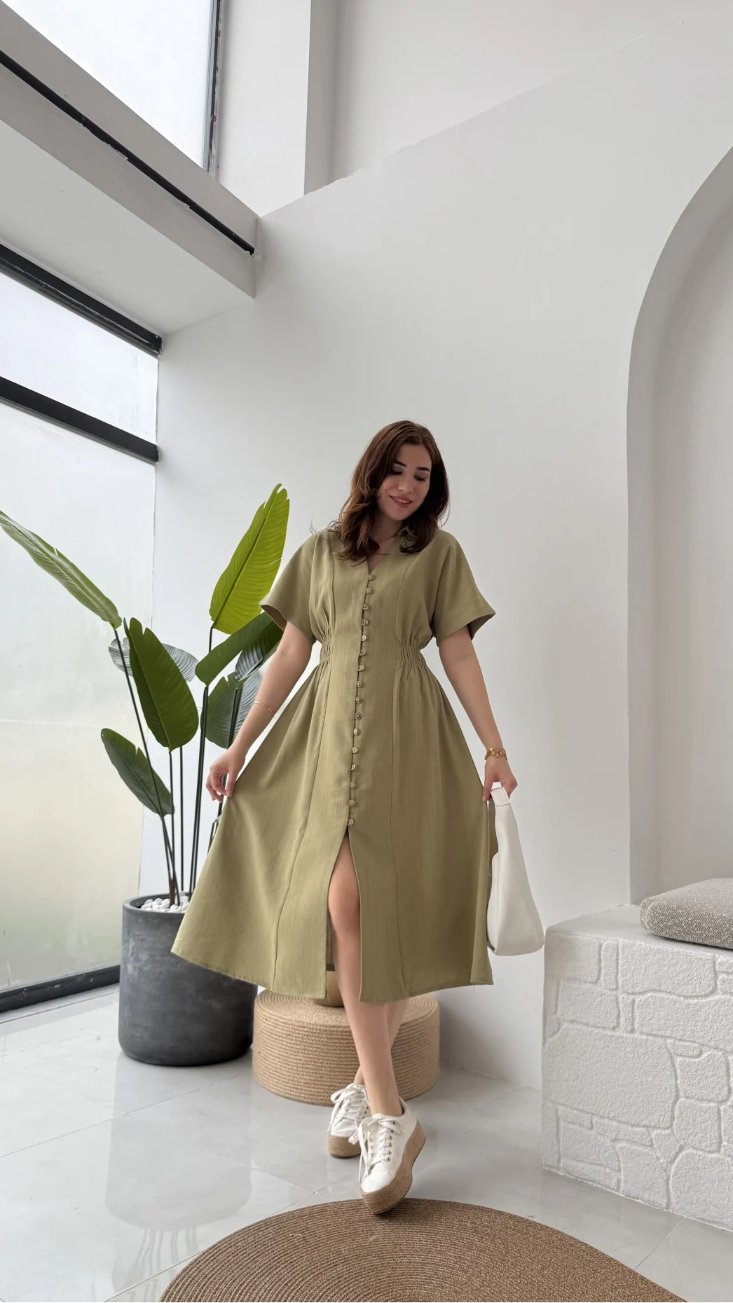 Düğmeli V Yaka Elbise - 2247 - Haki