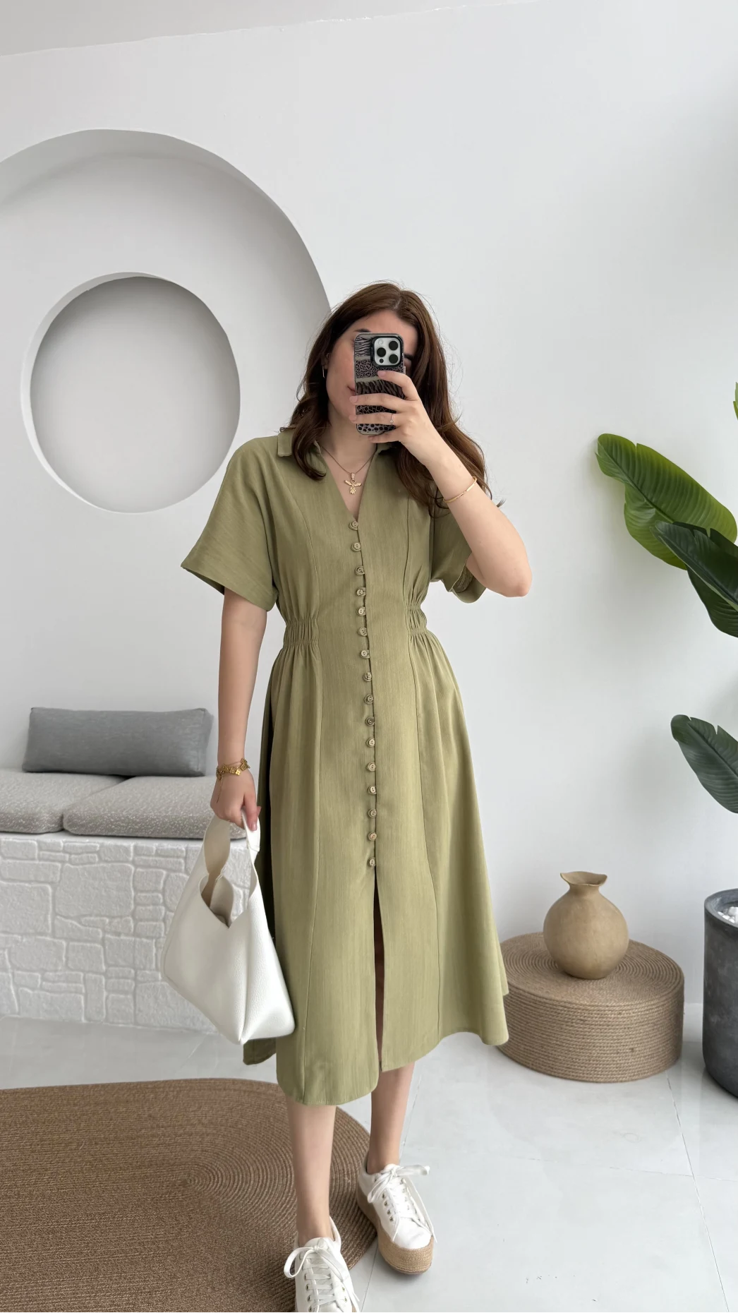 Düğmeli V Yaka Elbise - 2247 - Haki