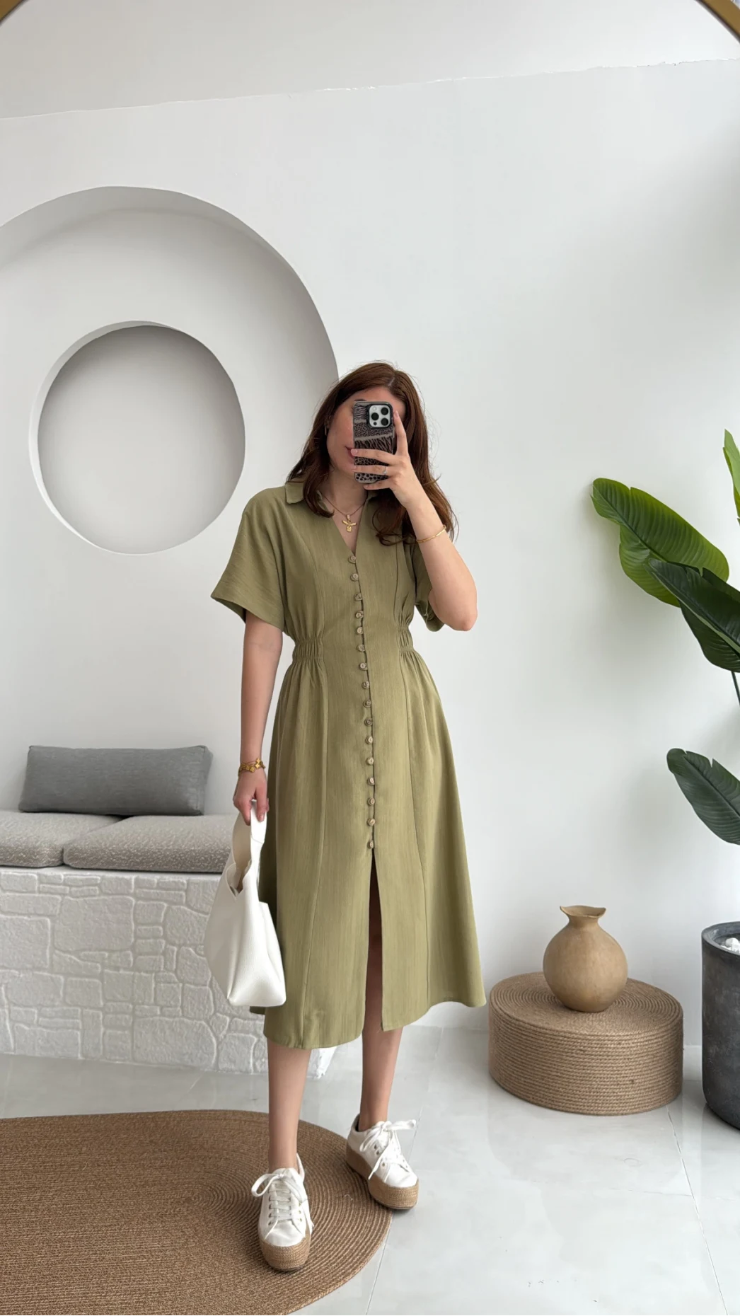 Düğmeli V Yaka Elbise - 2247 - Haki