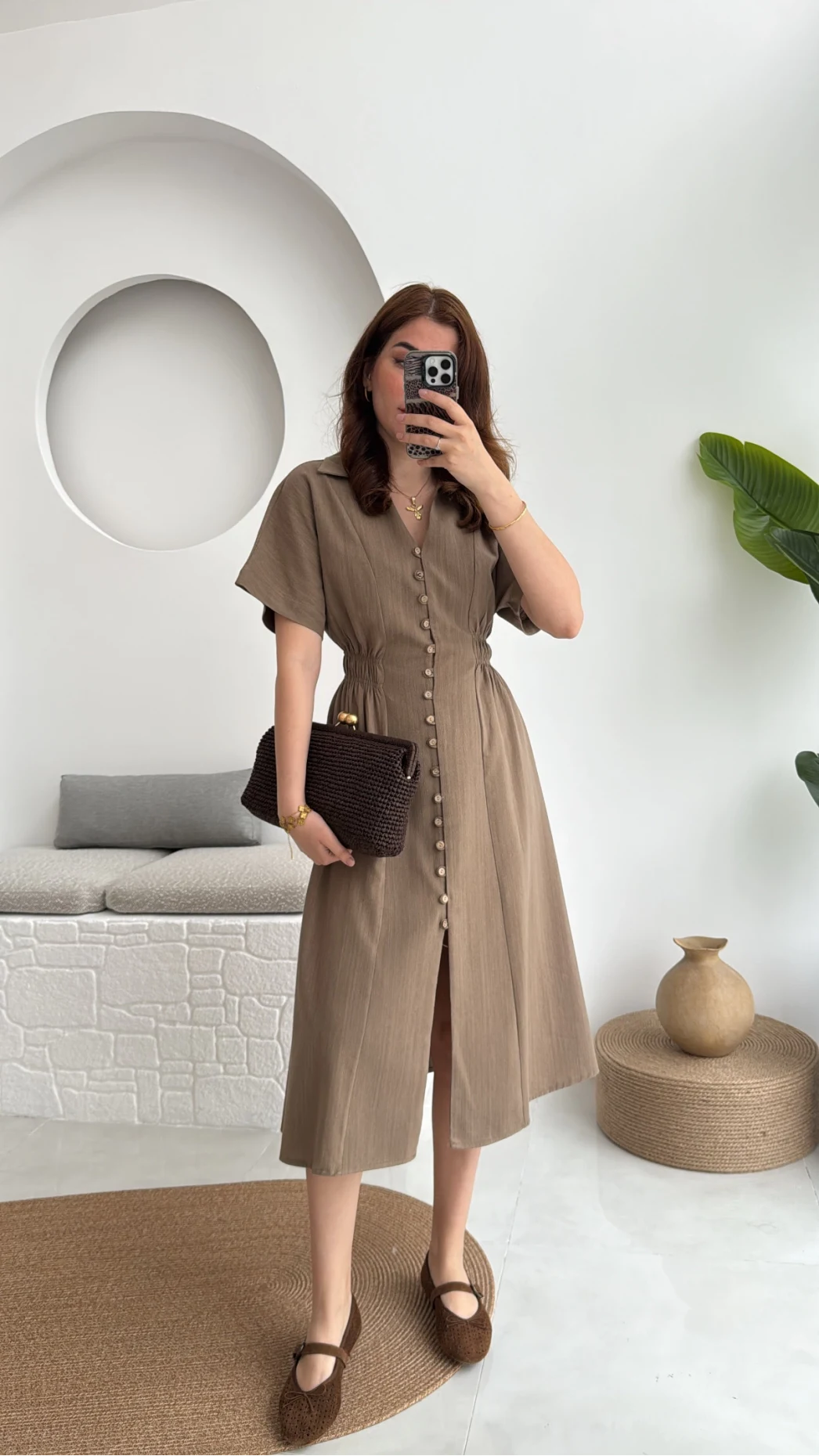 Düğmeli V Yaka Elbise - 2247 - Kahve