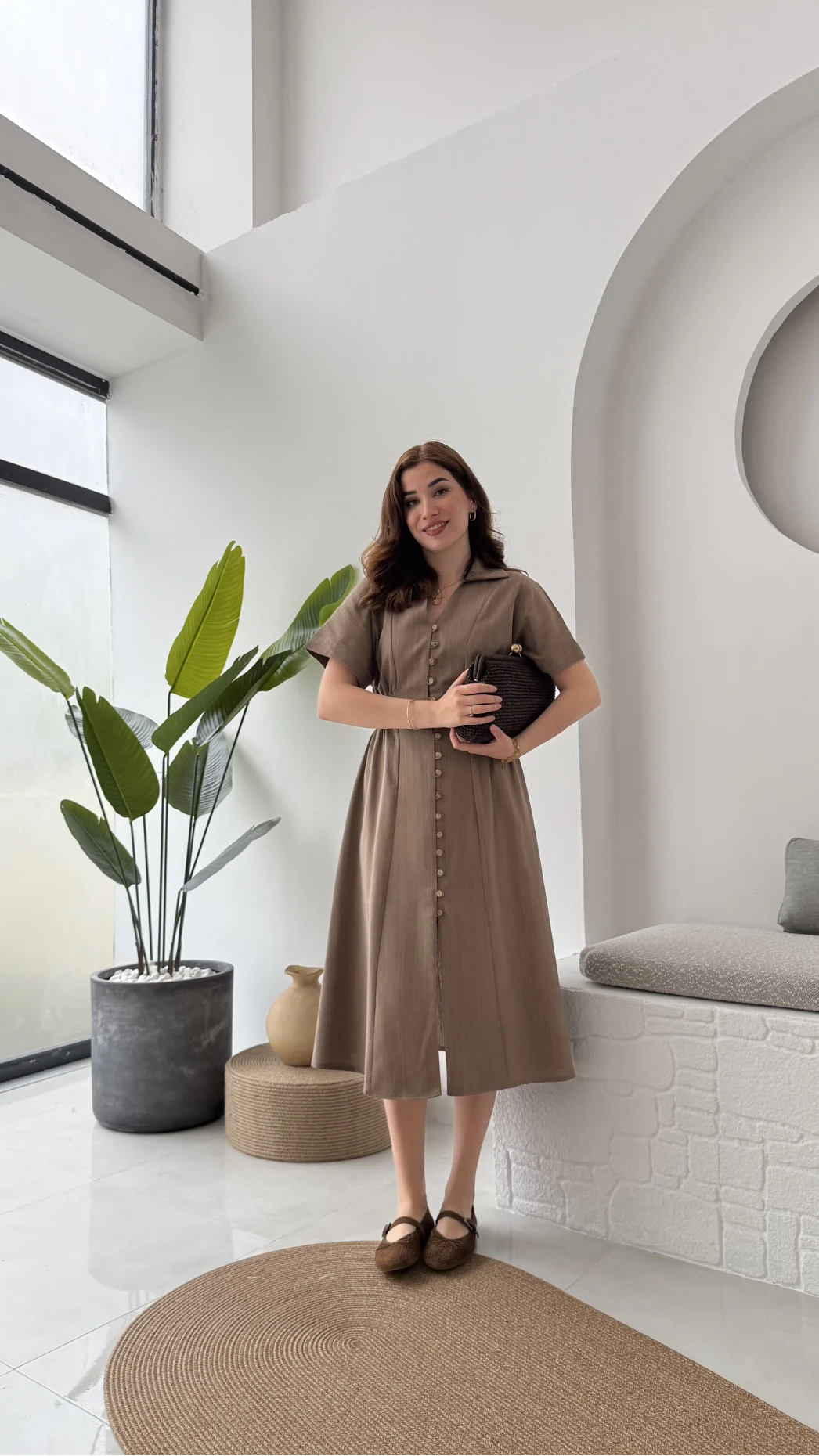 Düğmeli V Yaka Elbise - 2247 - Kahve