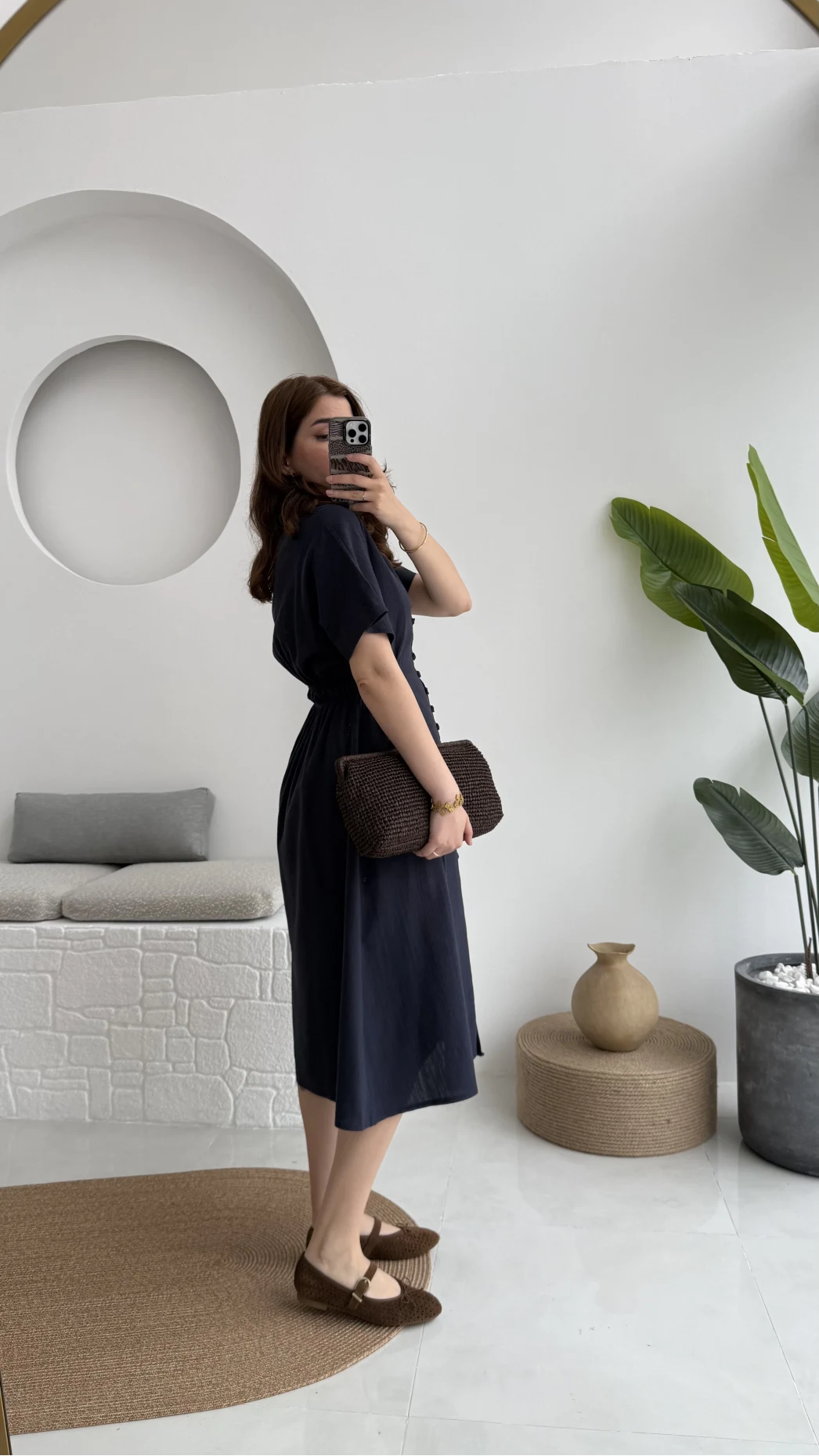 Düğmeli V Yaka Elbise - 2247 - Lacivert