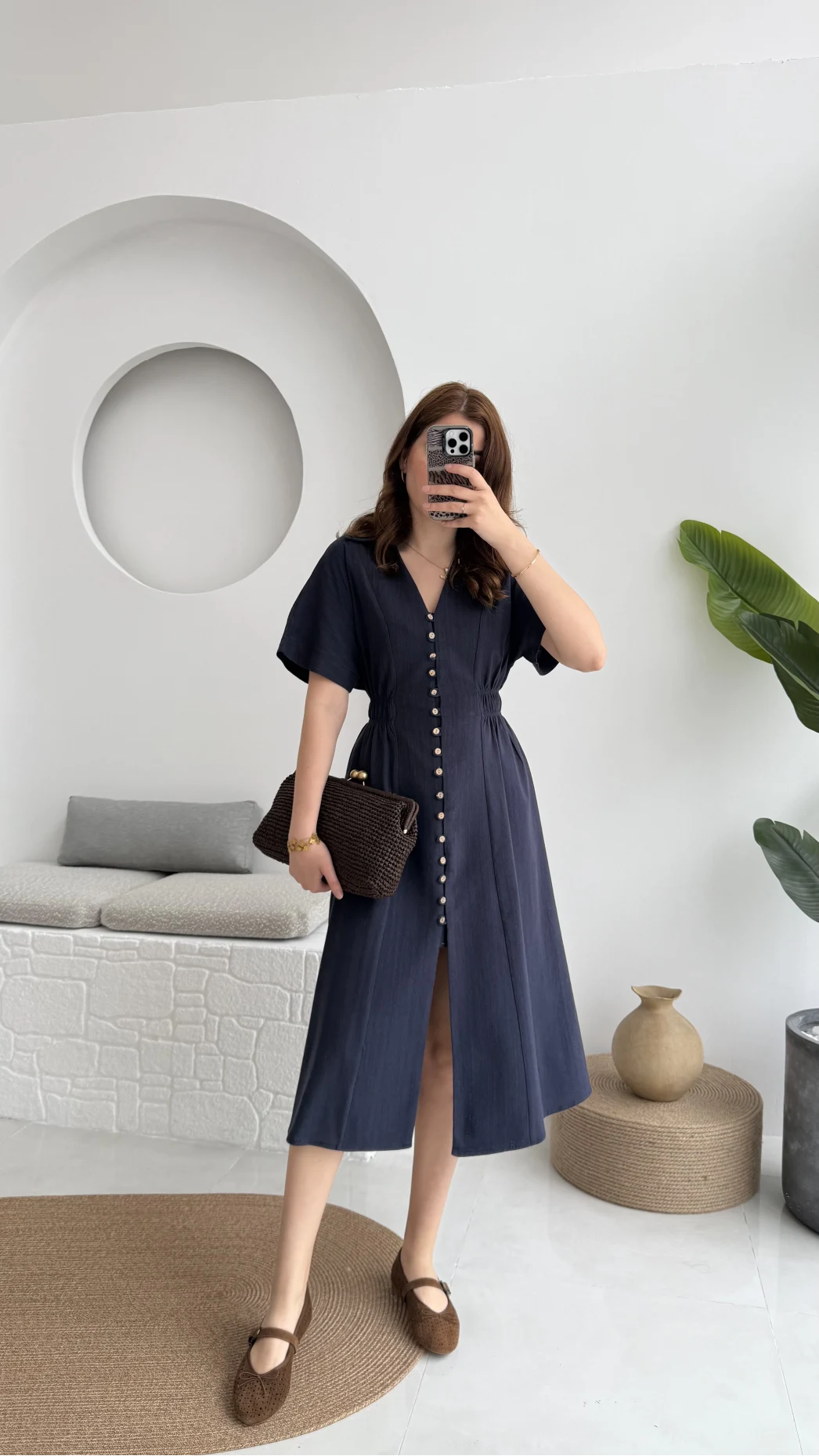 Düğmeli V Yaka Elbise - 2247 - Lacivert